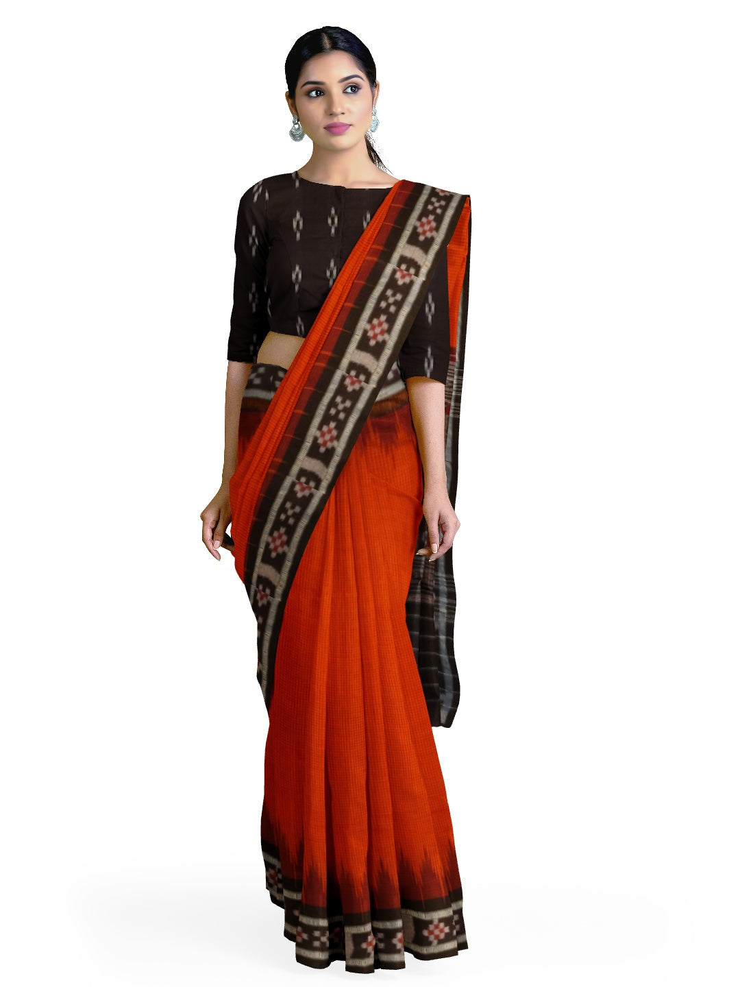 Orange checkered body Cotton Odisha Ikat saree with cotton ikat blouse piece