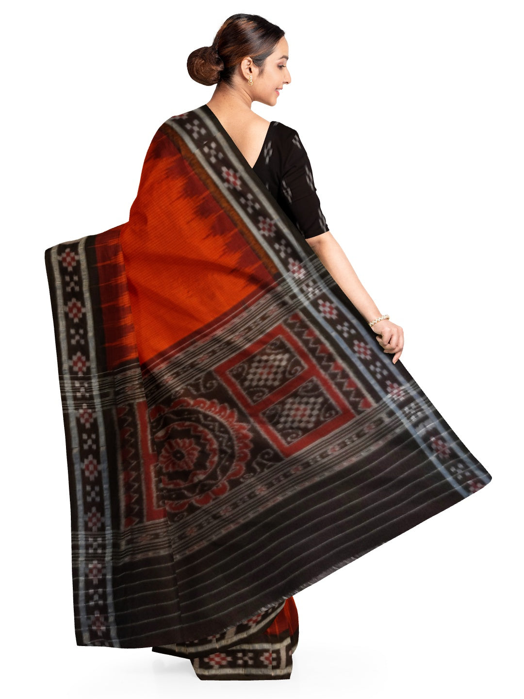 Orange checkered body Cotton Odisha Ikat saree with cotton ikat blouse piece