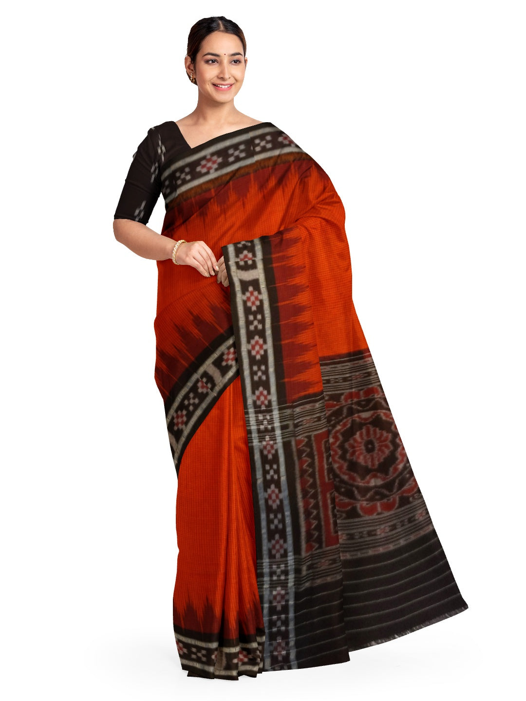 Orange checkered body Cotton Odisha Ikat saree with cotton ikat blouse piece