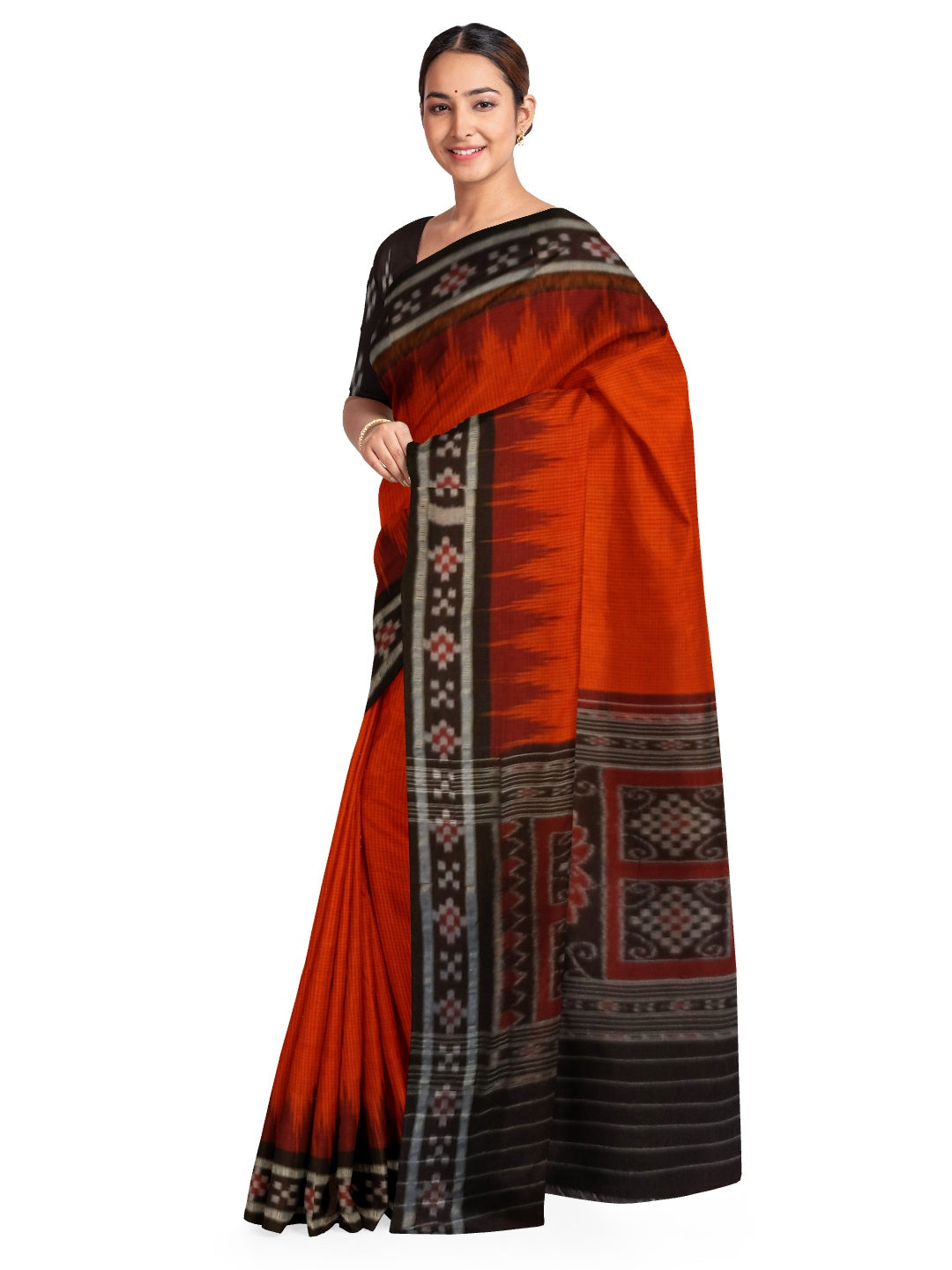 Orange checkered body Cotton Odisha Ikat saree with cotton ikat blouse piece