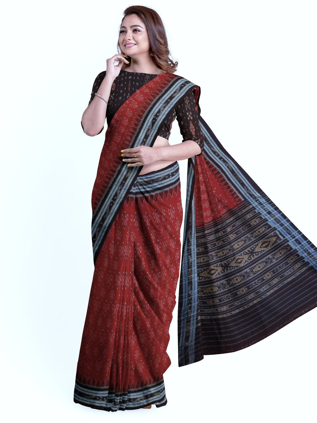 Maroon Cotton Odisha Ikat saree with cotton ikat blouse piece