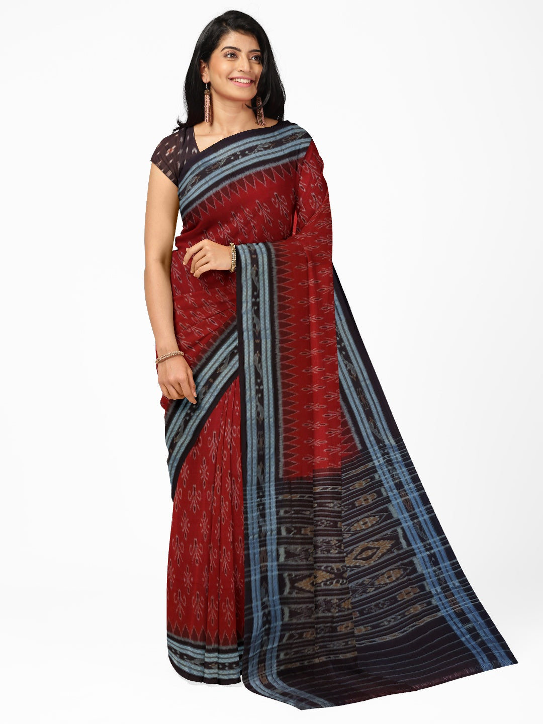 Maroon Cotton Odisha Ikat saree with cotton ikat blouse piece