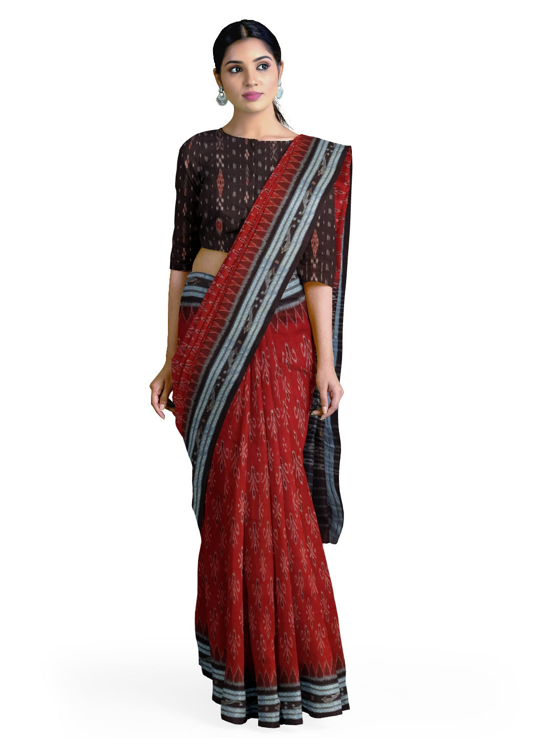 Maroon Cotton Odisha Ikat saree with cotton ikat blouse piece