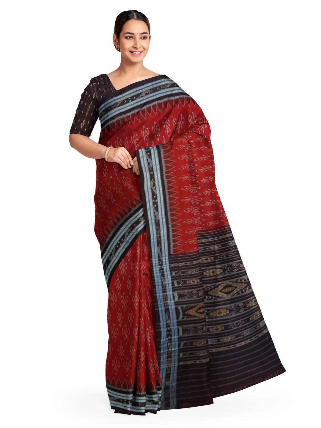 Maroon Cotton Odisha Ikat saree with cotton ikat blouse piece