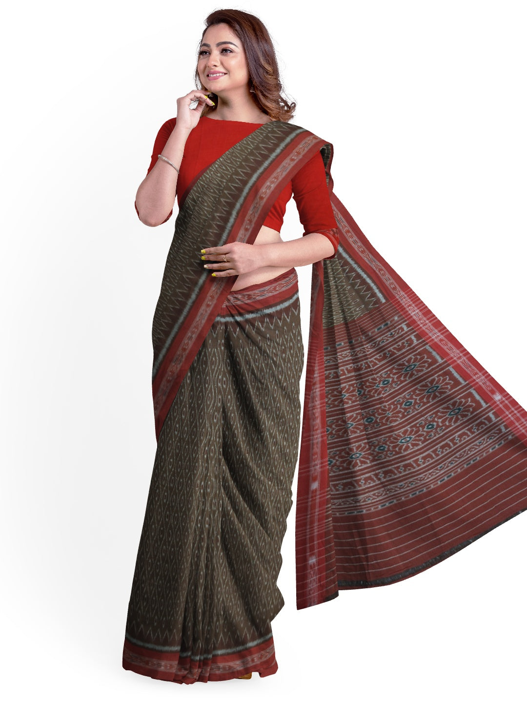 Brown Cotton Odisha Ikat saree with cotton ikat blouse piece