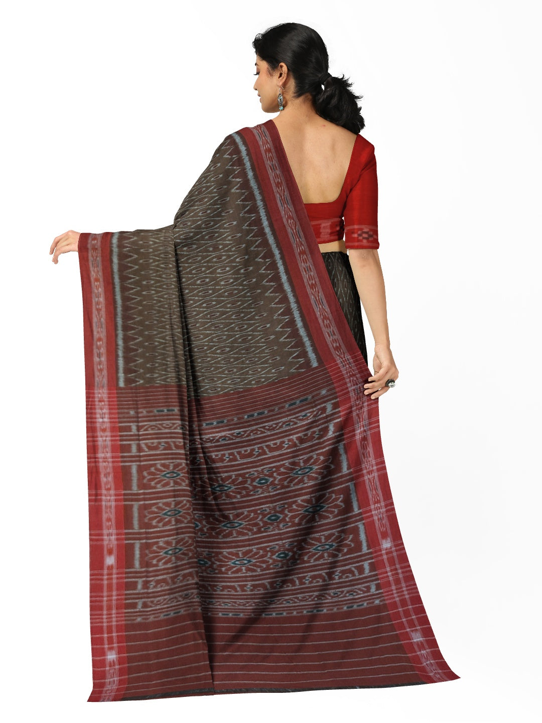 Brown Cotton Odisha Ikat saree with cotton ikat blouse piece