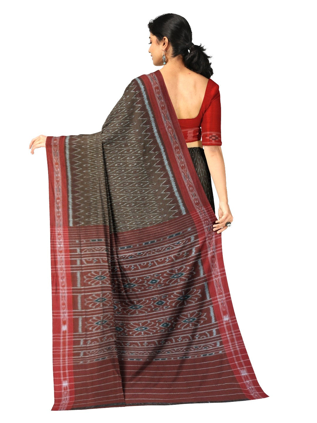 Brown Cotton Odisha Ikat saree with cotton ikat blouse piece