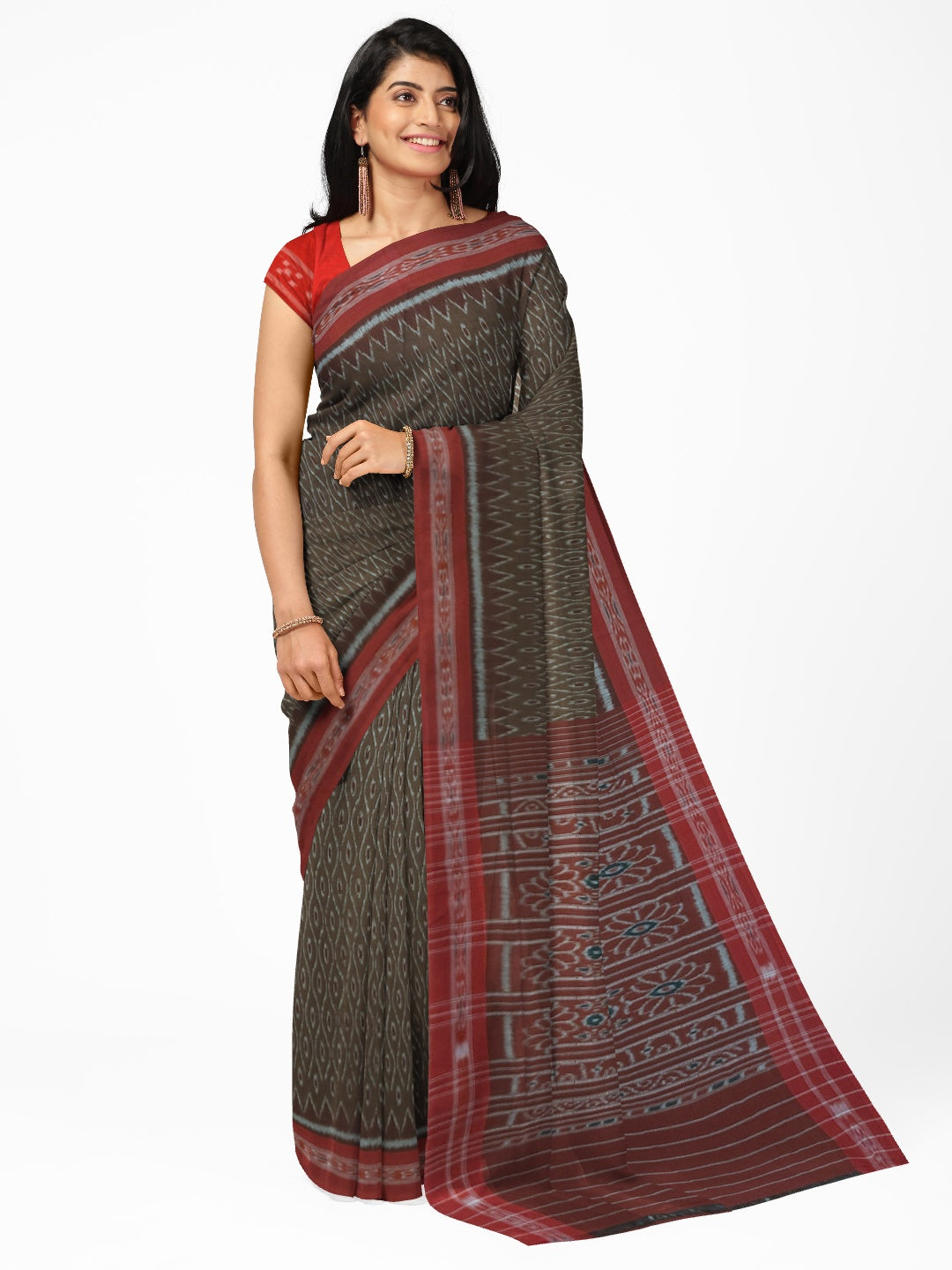 Brown Cotton Odisha Ikat saree with cotton ikat blouse piece