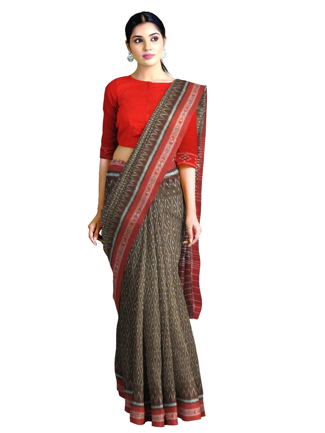 Brown Cotton Odisha Ikat saree with cotton ikat blouse piece