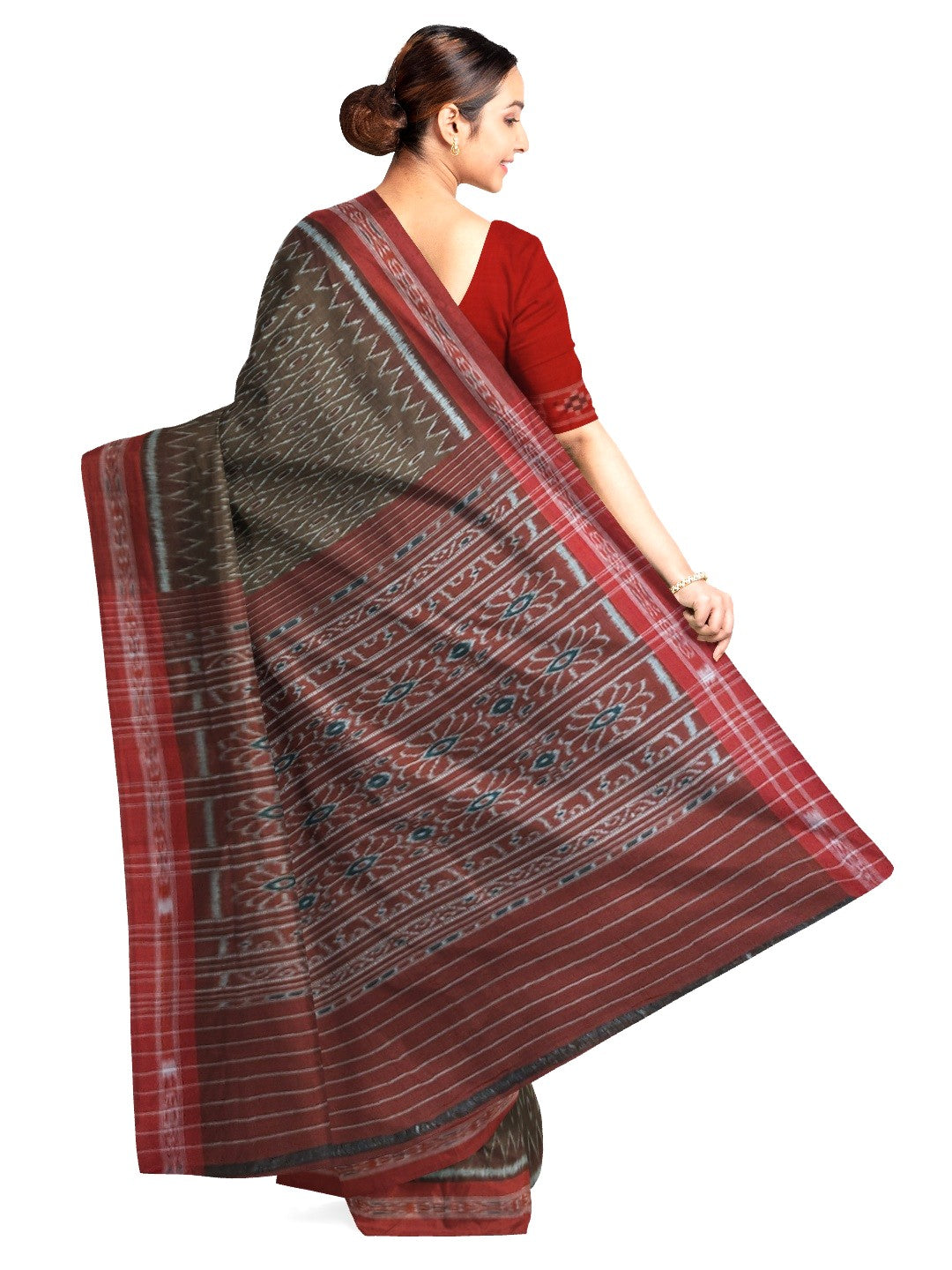 Brown Cotton Odisha Ikat saree with cotton ikat blouse piece