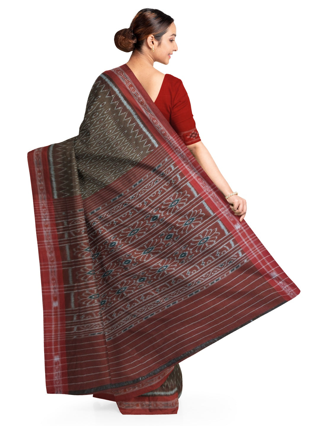 Brown Cotton Odisha Ikat saree with cotton ikat blouse piece