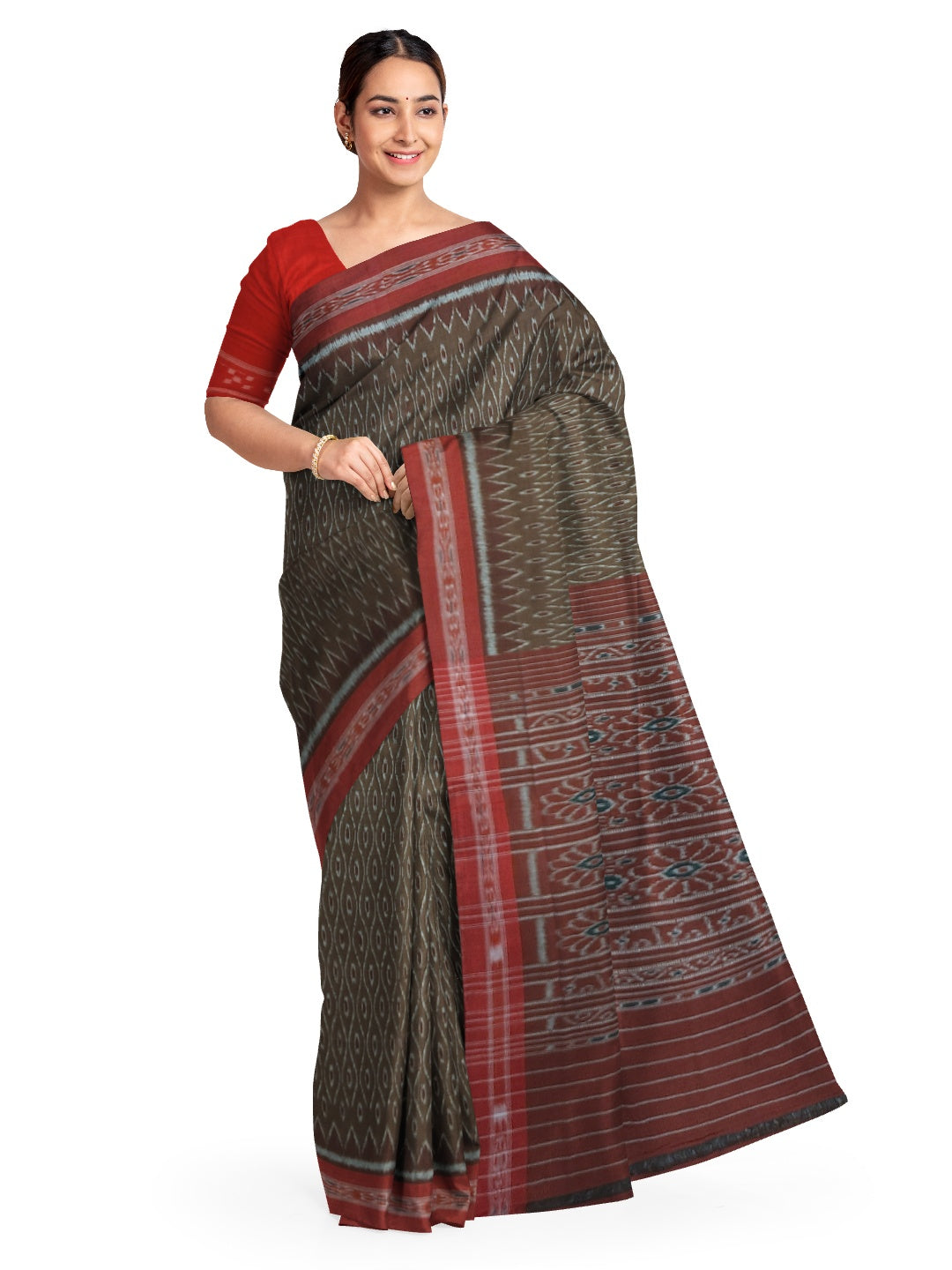 Brown Cotton Odisha Ikat saree with cotton ikat blouse piece