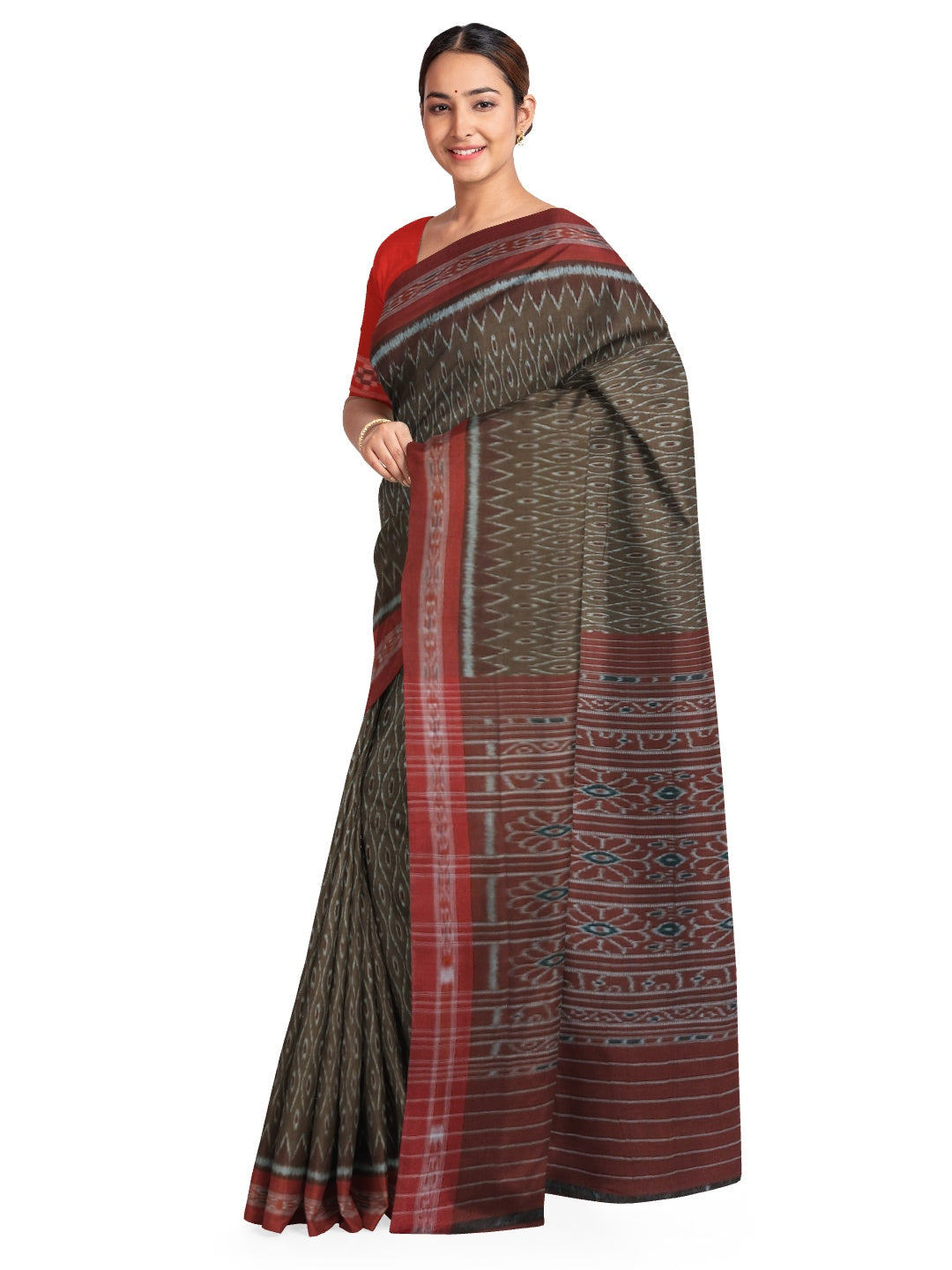 Brown Cotton Odisha Ikat saree with cotton ikat blouse piece