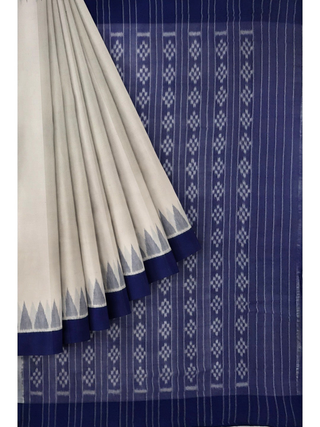 White and Blue coloured Odisha Ikat saree  with cotton ikat blouse piece