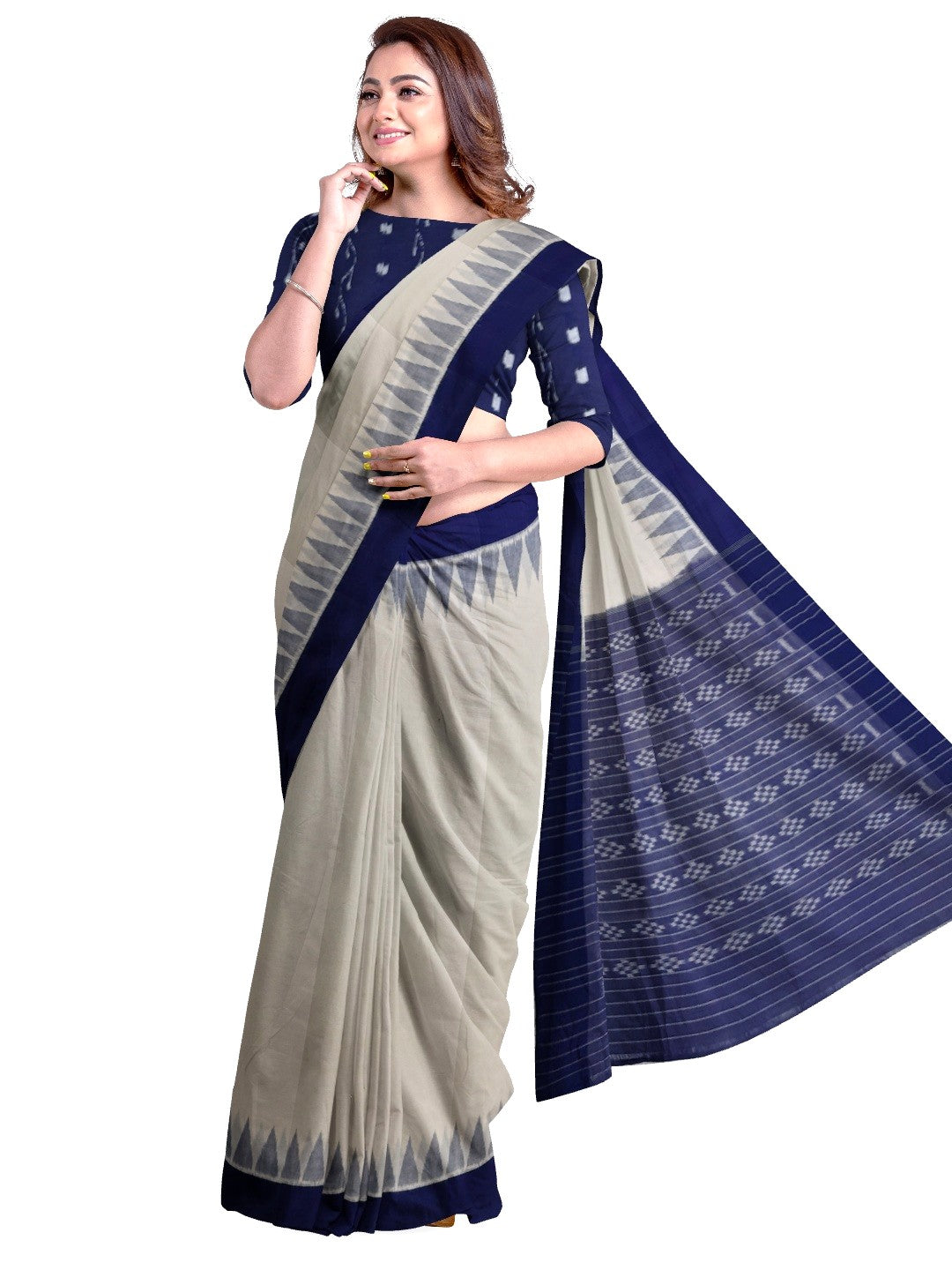 White and Blue coloured Odisha Ikat saree  with cotton ikat blouse piece