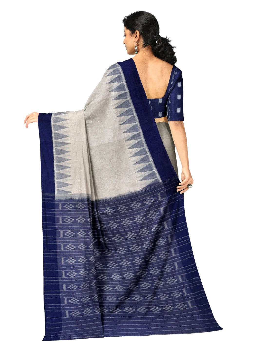 White and Blue coloured Odisha Ikat saree  with cotton ikat blouse piece