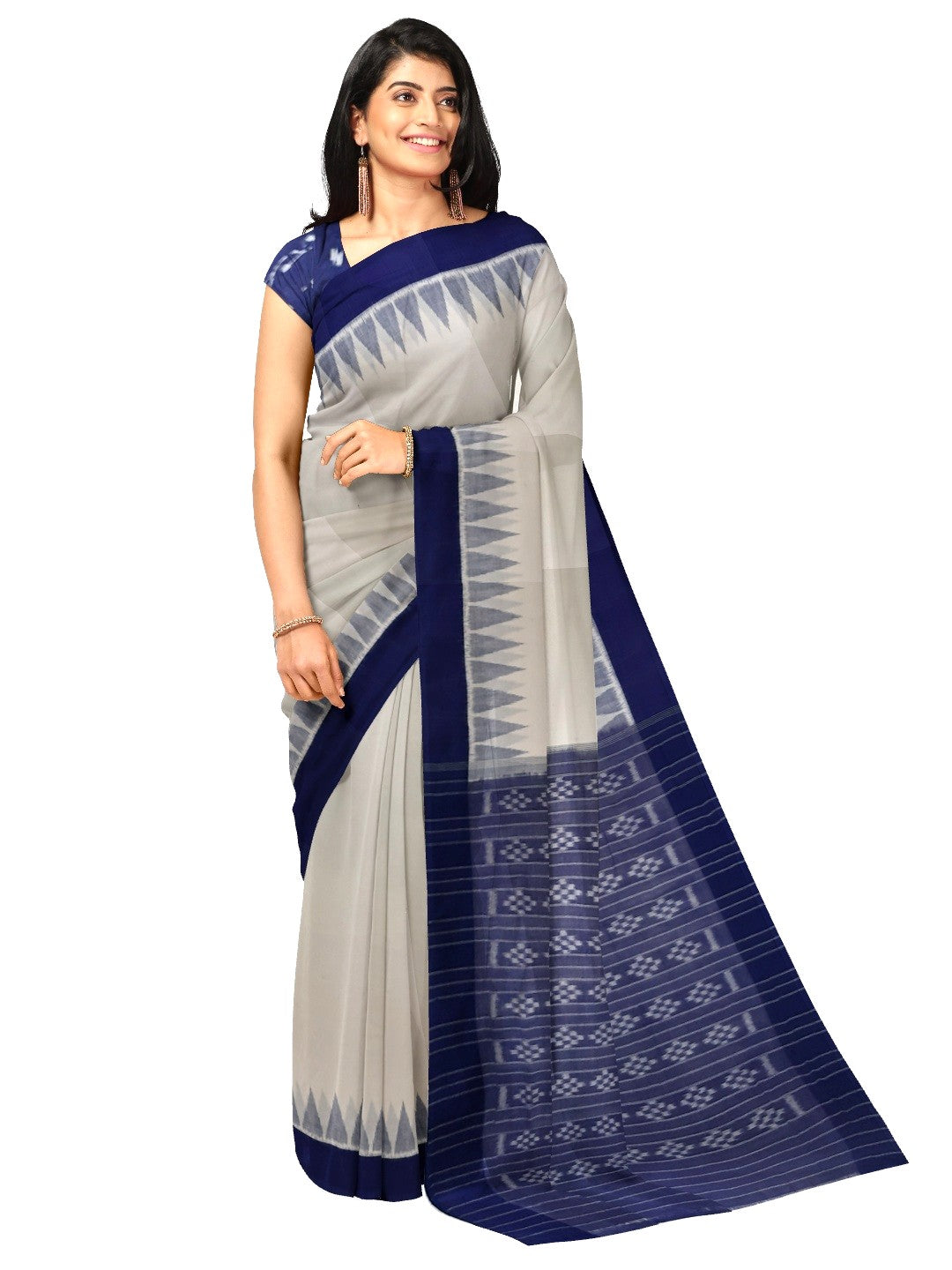 White and Blue coloured Odisha Ikat saree  with cotton ikat blouse piece