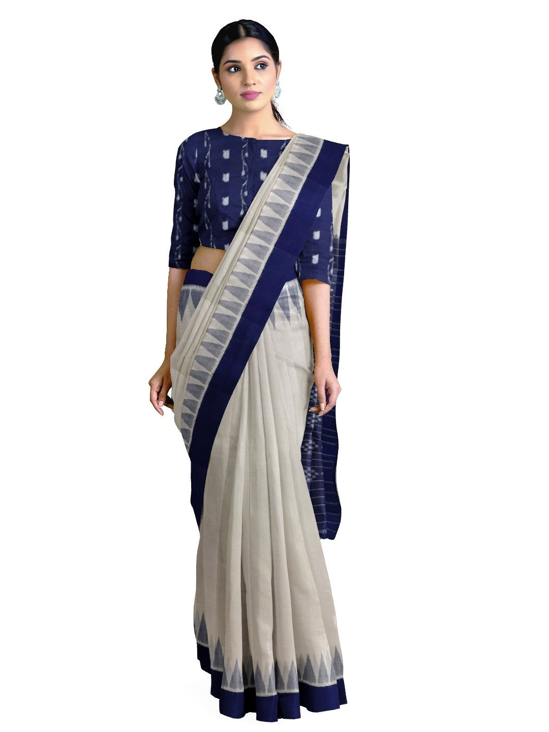 White and Blue coloured Odisha Ikat saree  with cotton ikat blouse piece