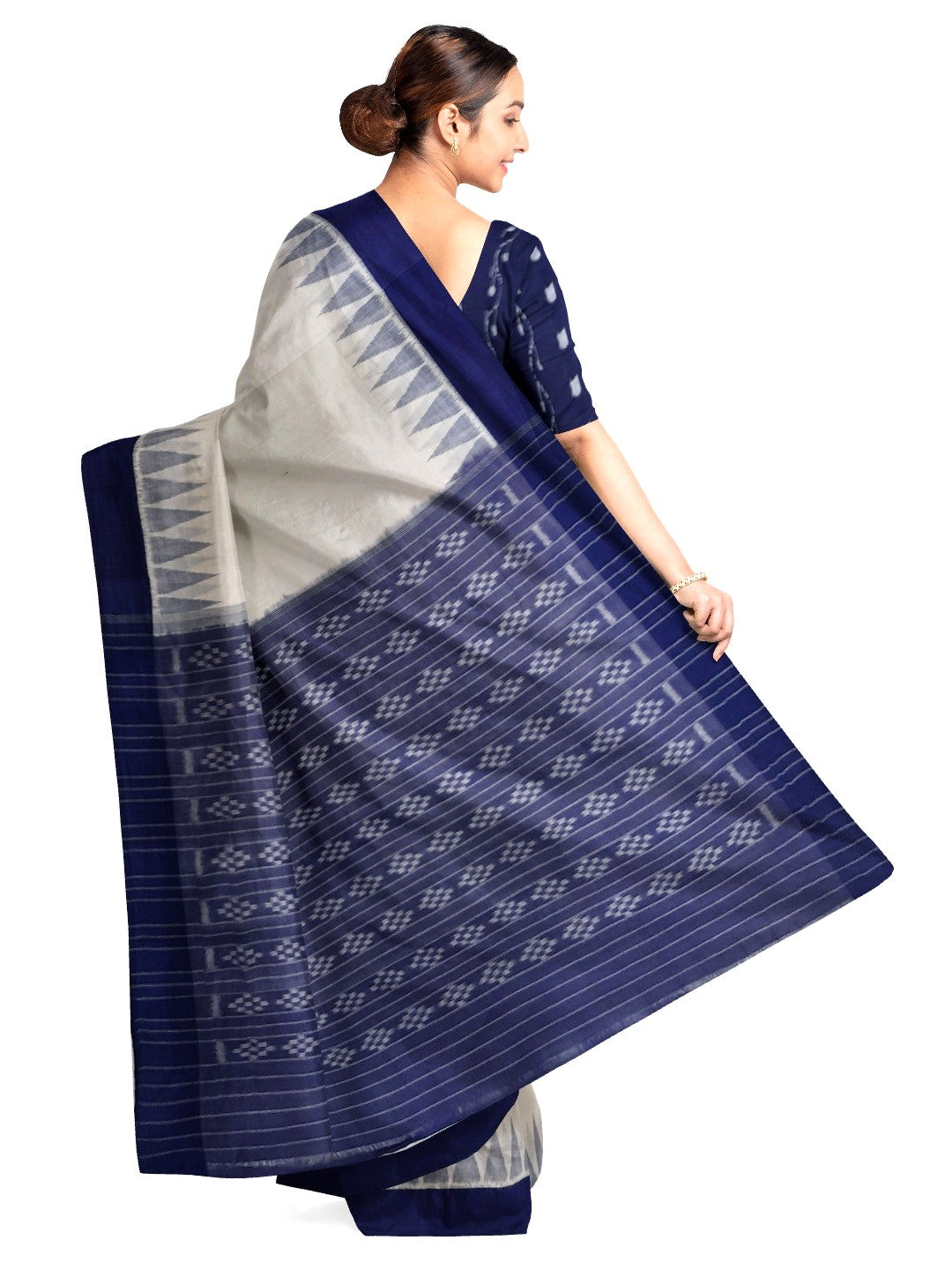 White and Blue coloured Odisha Ikat saree  with cotton ikat blouse piece