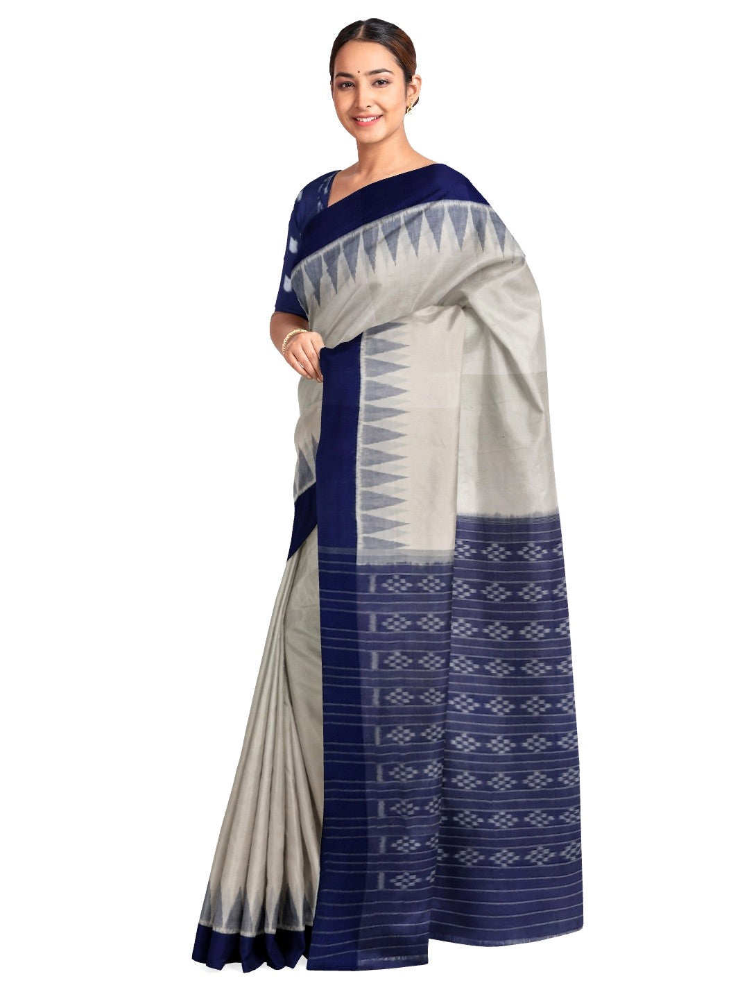 White and Blue coloured Odisha Ikat saree  with cotton ikat blouse piece