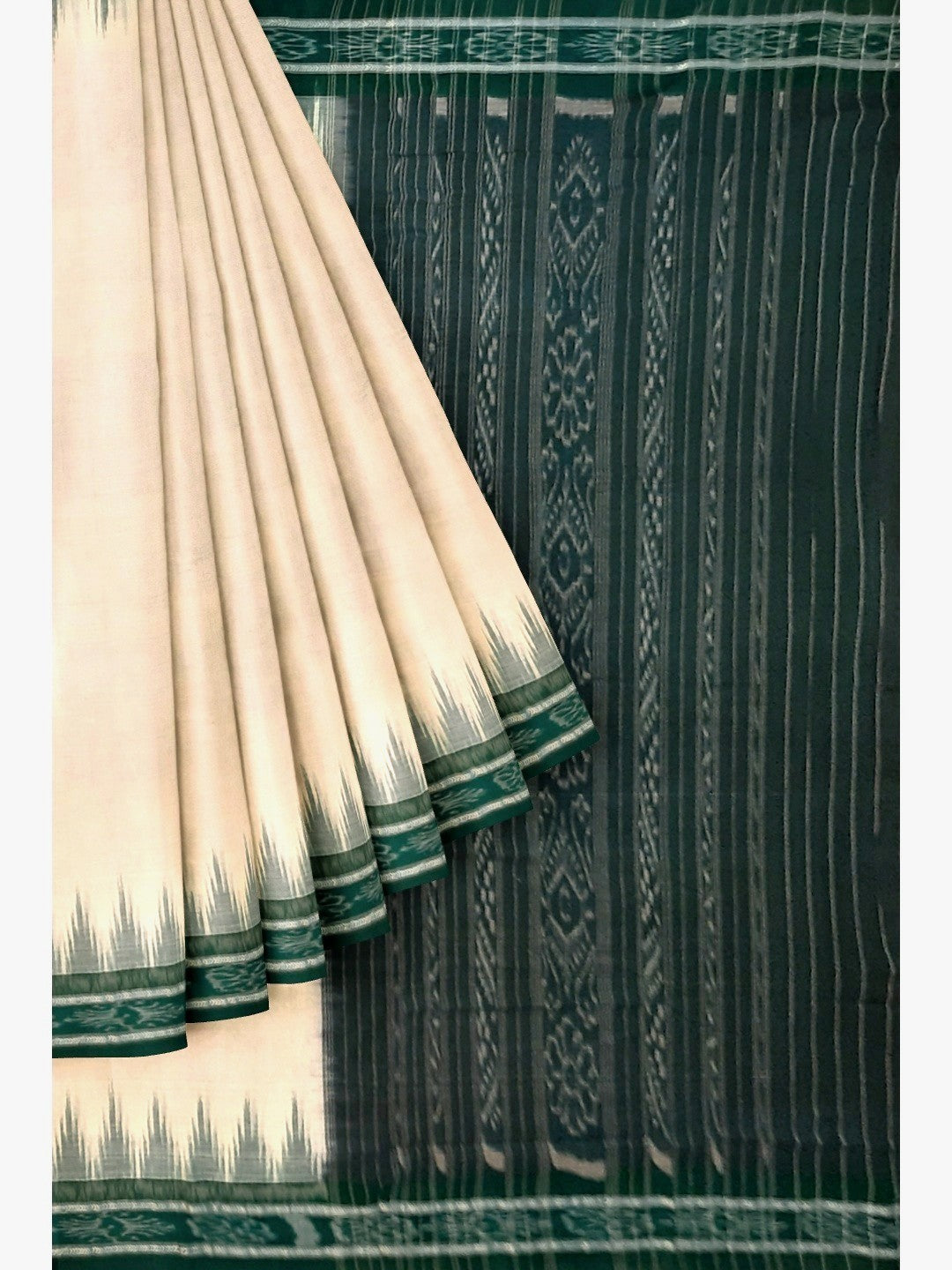 White and Green Odisha Ikat saree with cotton ikat blouse piece