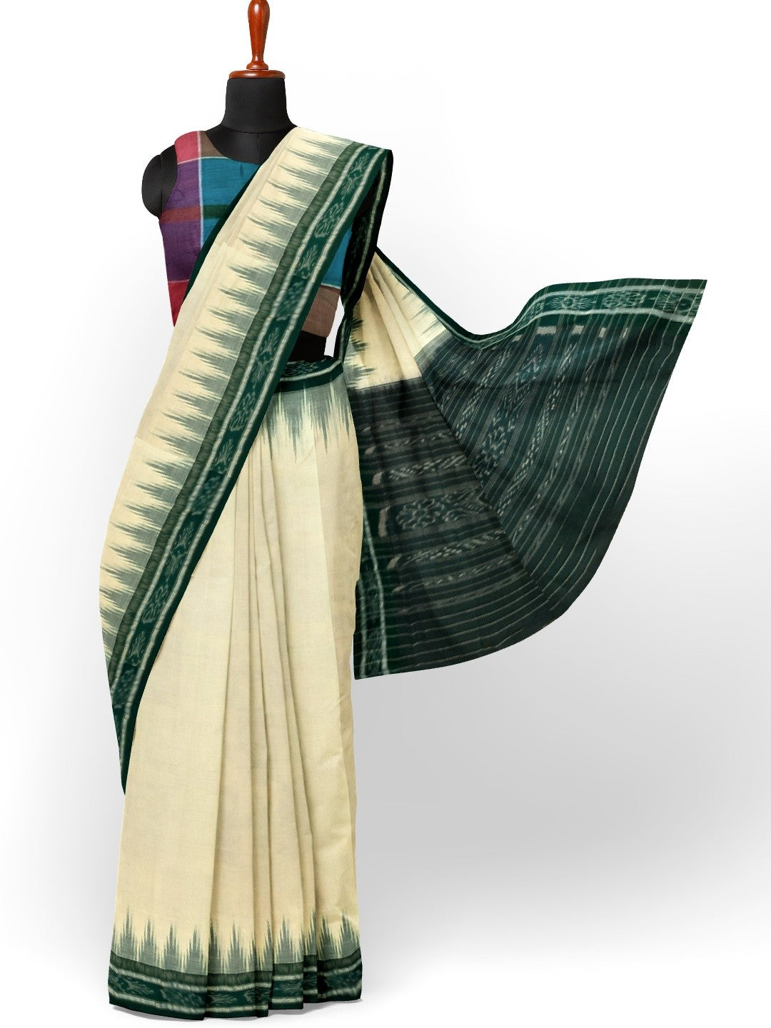 White and Green Odisha Ikat saree with cotton ikat blouse piece