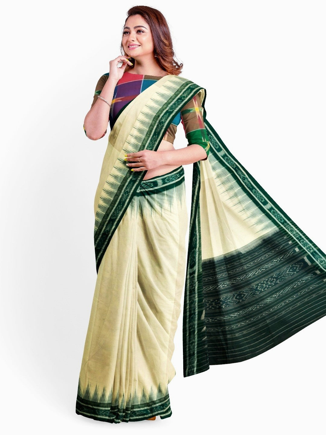 White and Green Odisha Ikat saree with cotton ikat blouse piece