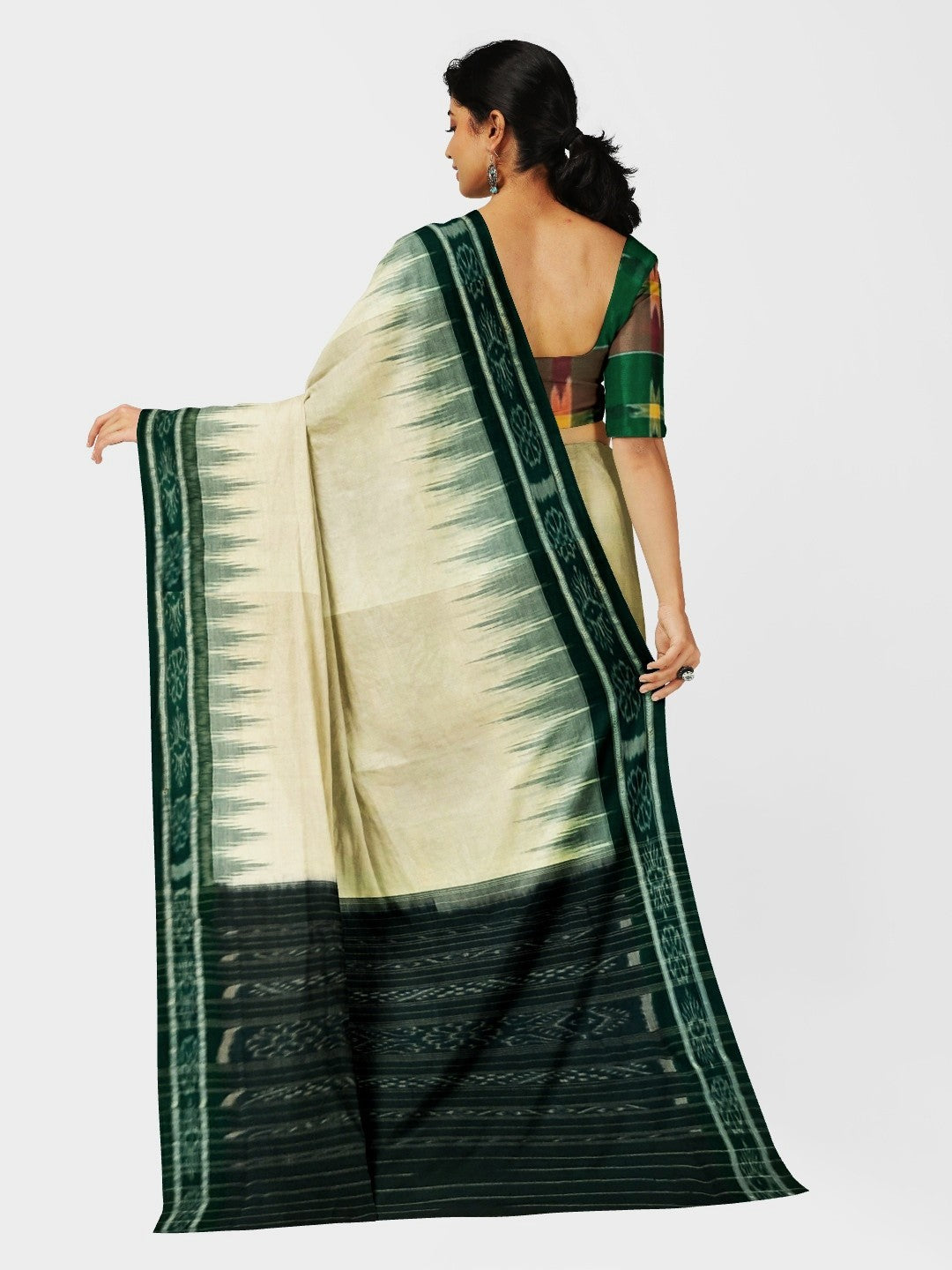 White and Green Odisha Ikat saree with cotton ikat blouse piece