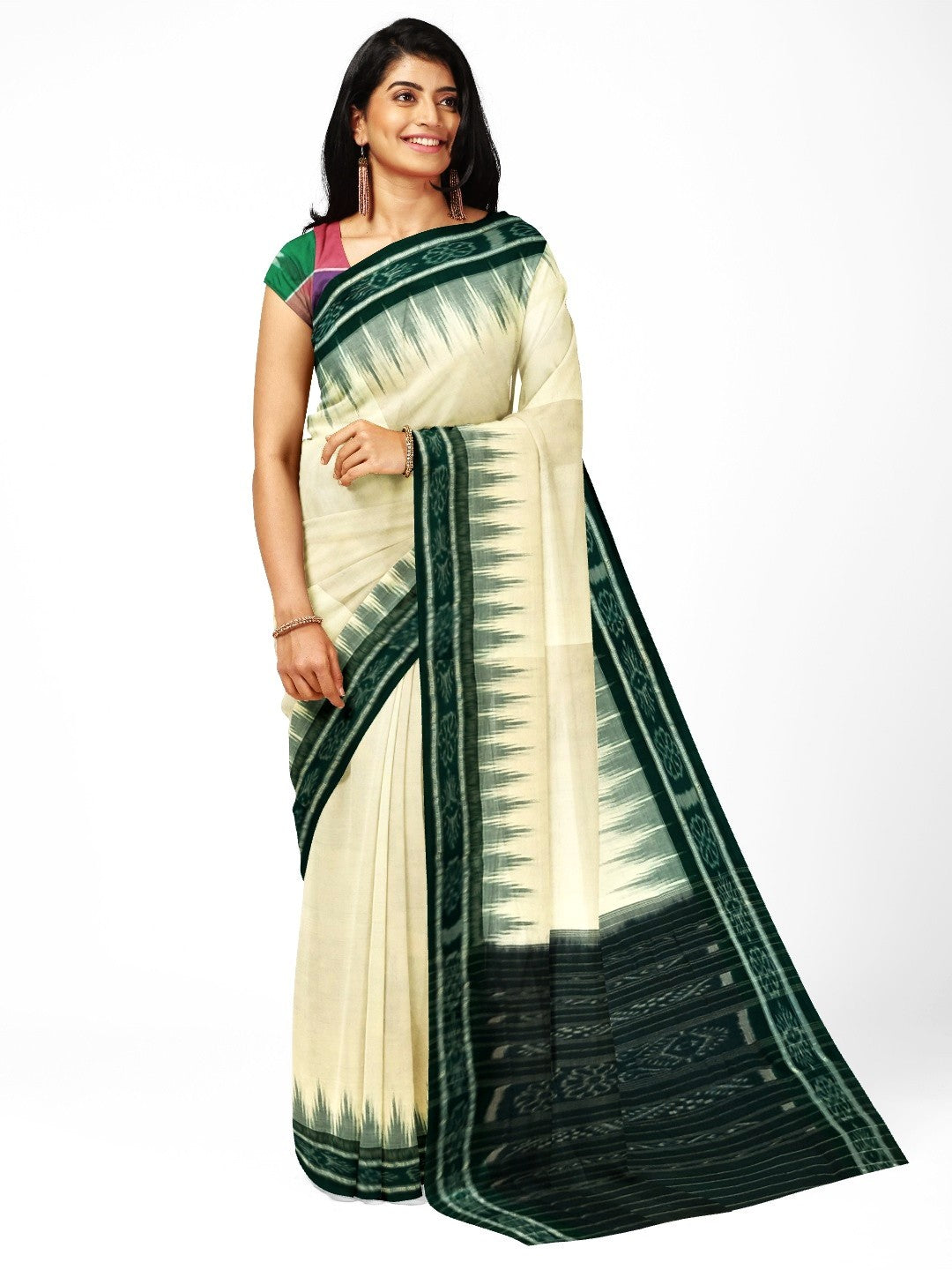 White and Green Odisha Ikat saree with cotton ikat blouse piece