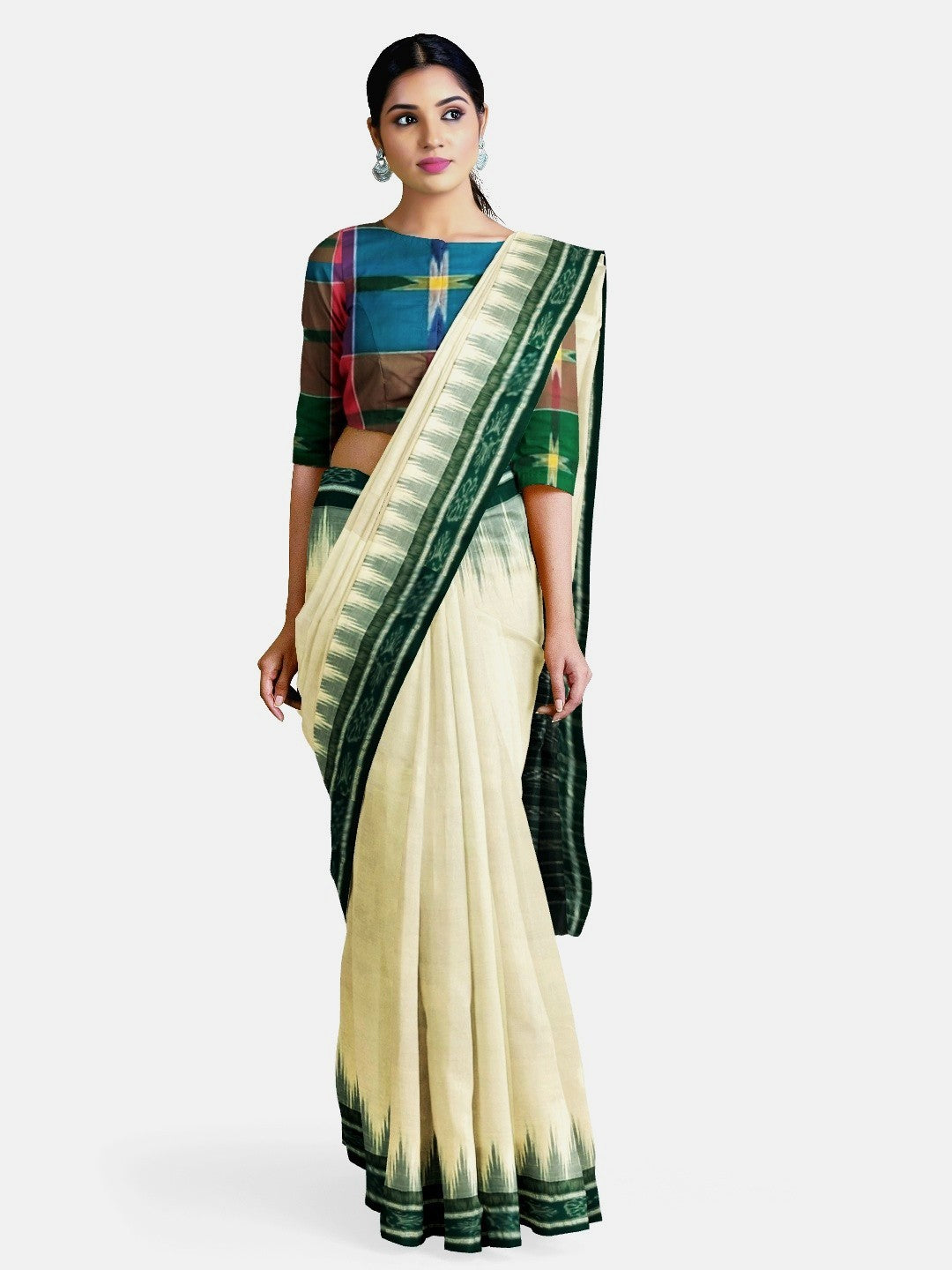 White and Green Odisha Ikat saree with cotton ikat blouse piece