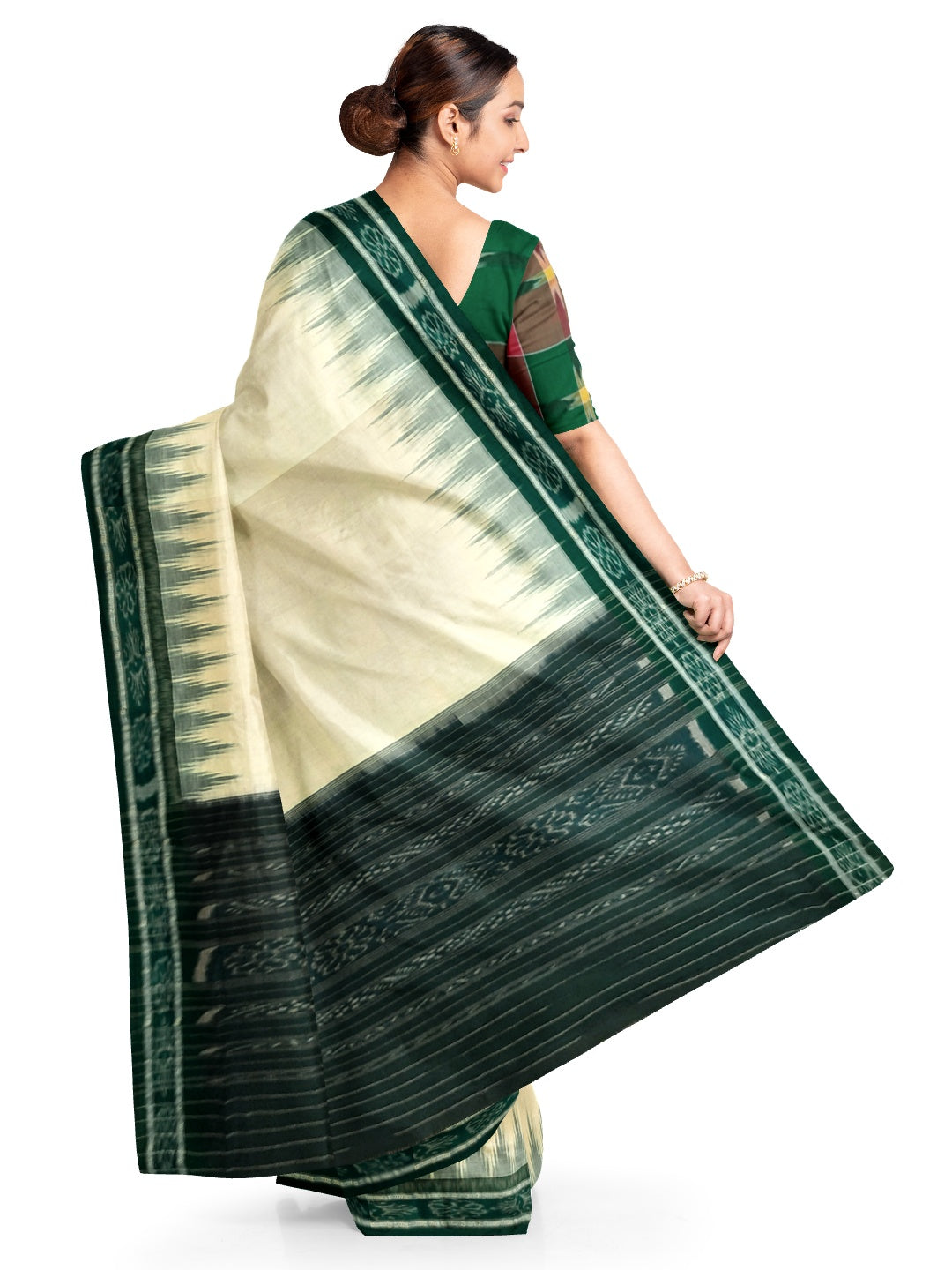 White and Green Odisha Ikat saree with cotton ikat blouse piece