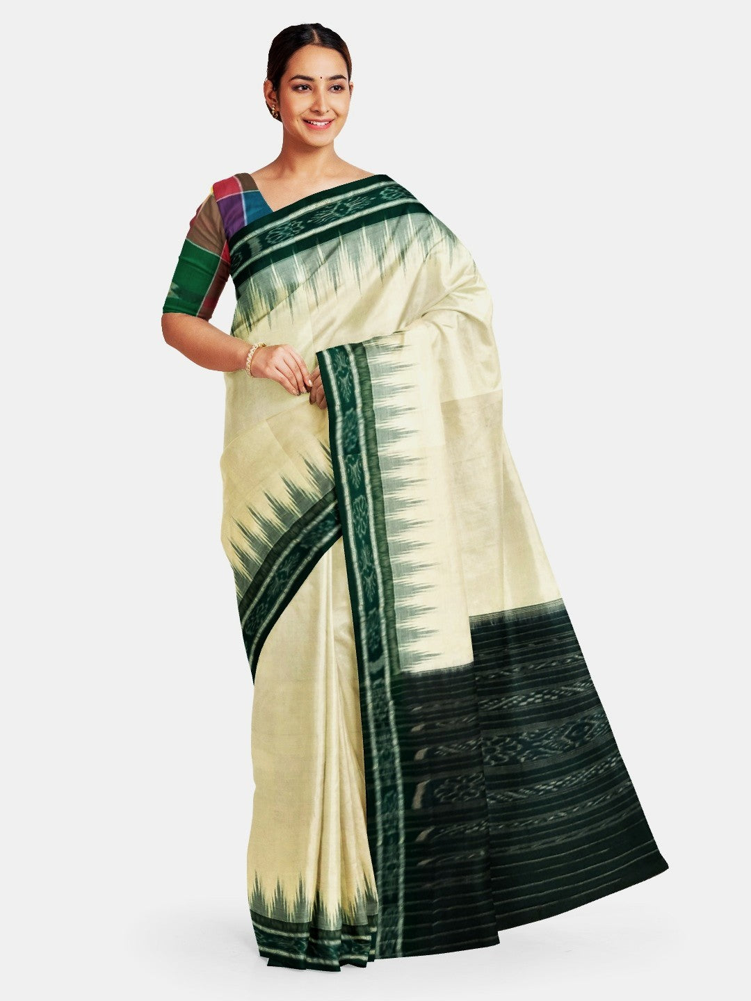 White and Green Odisha Ikat saree with cotton ikat blouse piece