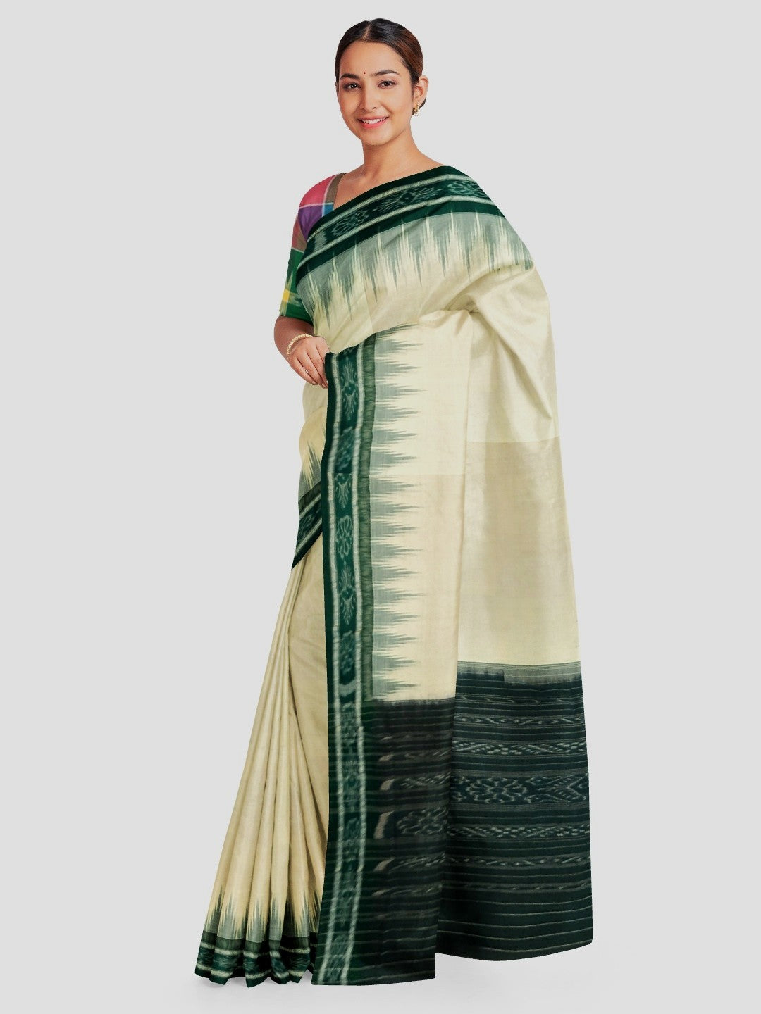 White and Green Odisha Ikat saree with cotton ikat blouse piece