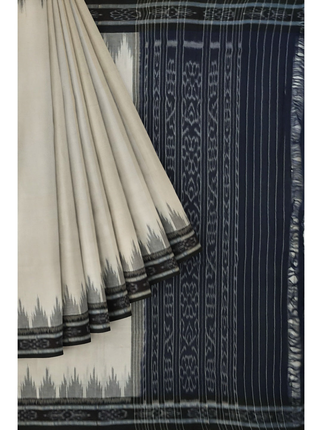 White and Black Odisha Ikat saree with cotton ikat blouse piece