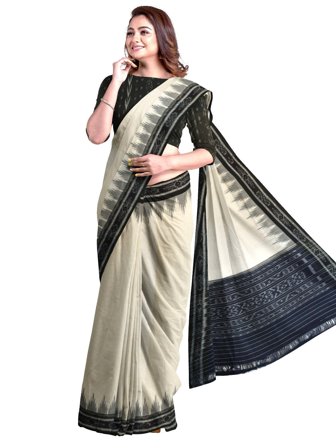 White and Black Odisha Ikat saree with cotton ikat blouse piece
