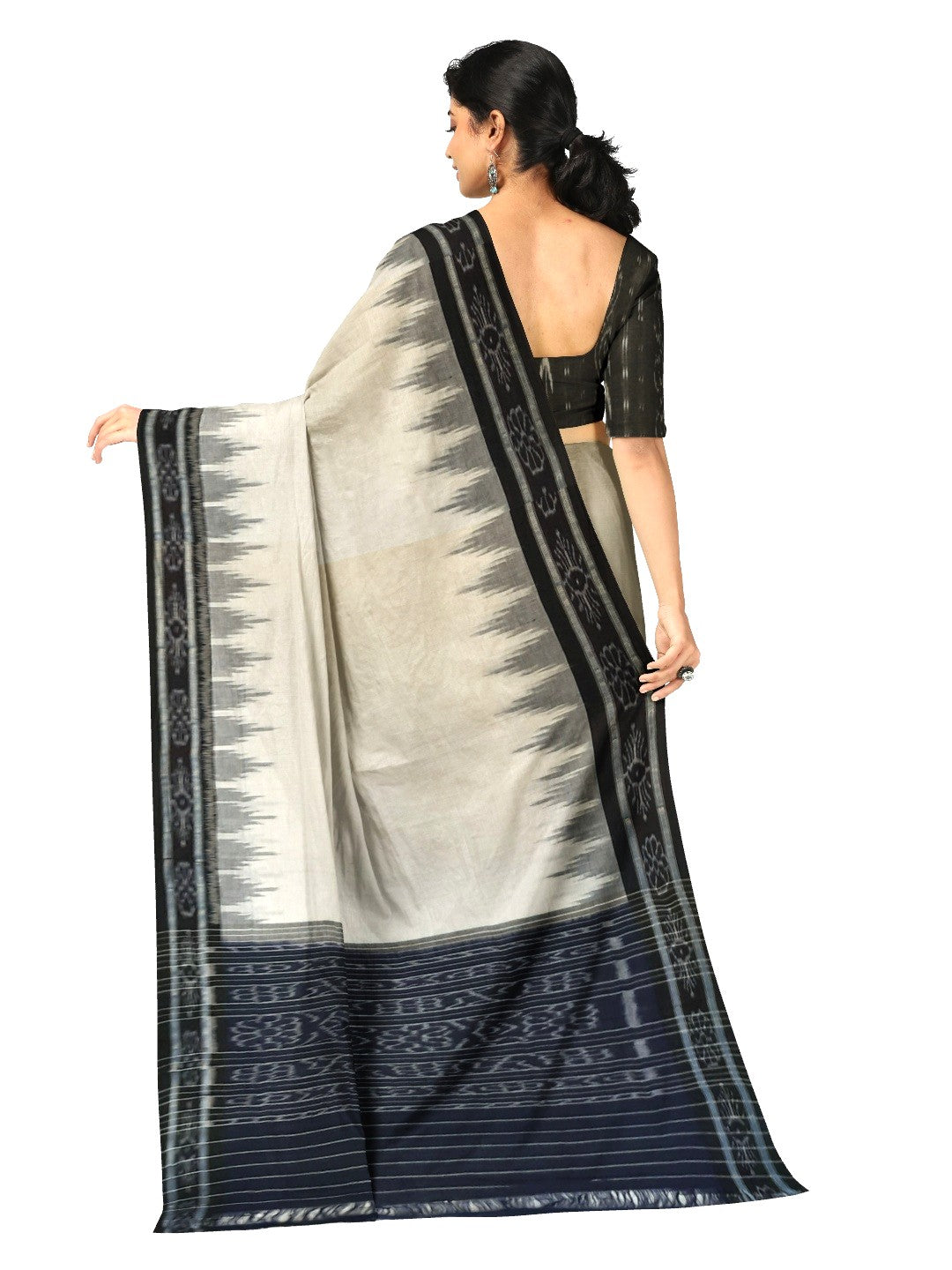 White and Black Odisha Ikat saree with cotton ikat blouse piece