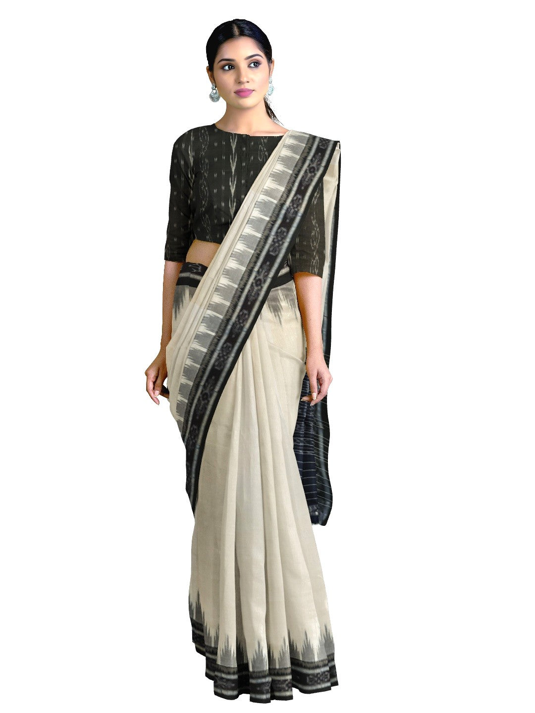 White and Black Odisha Ikat saree with cotton ikat blouse piece