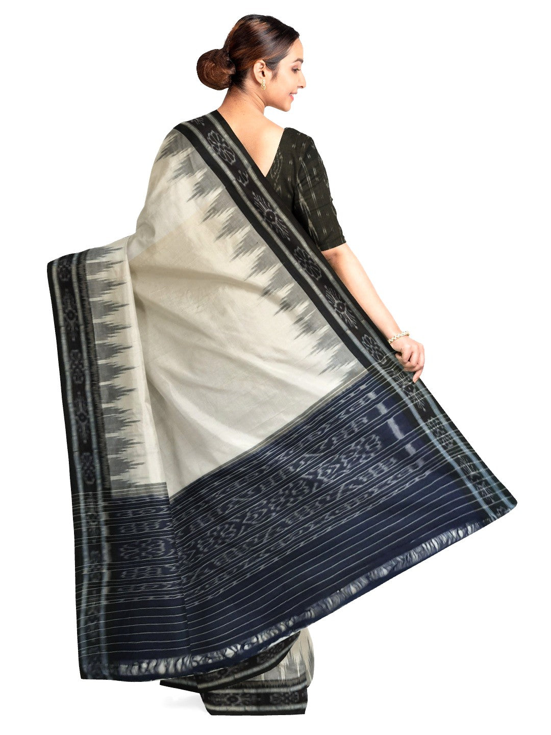 White and Black Odisha Ikat saree with cotton ikat blouse piece