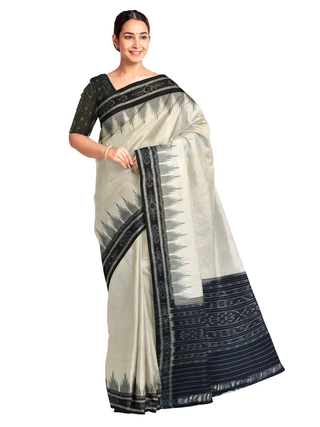 White and Black Odisha Ikat saree with cotton ikat blouse piece