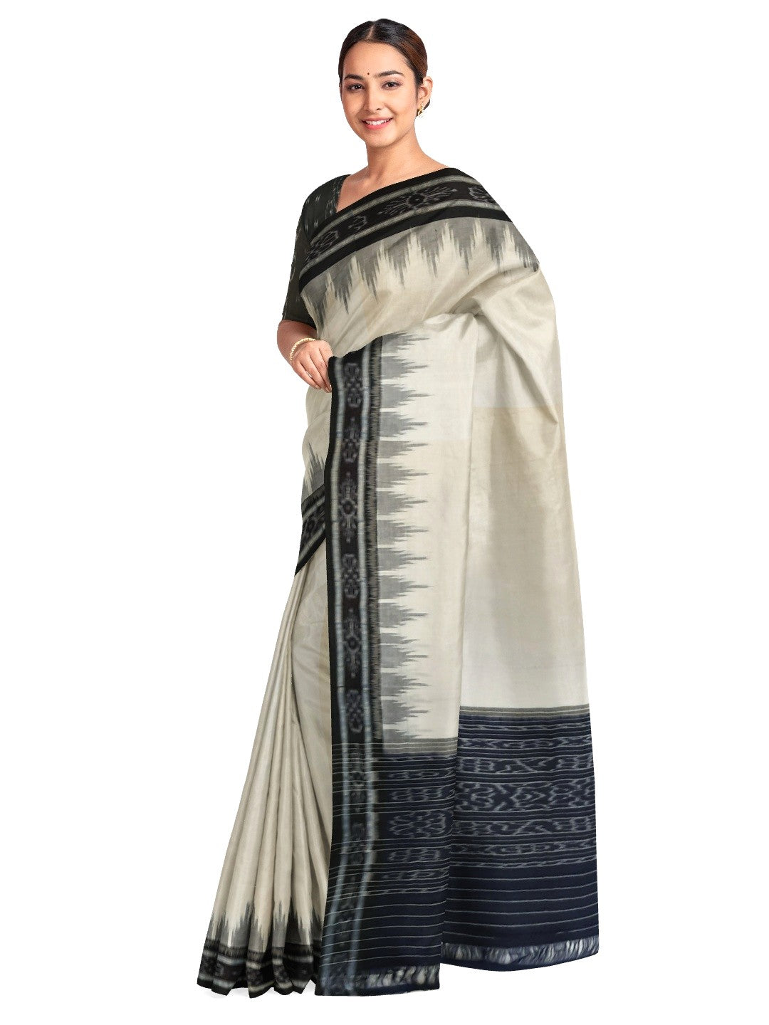 White and Black Odisha Ikat saree with cotton ikat blouse piece