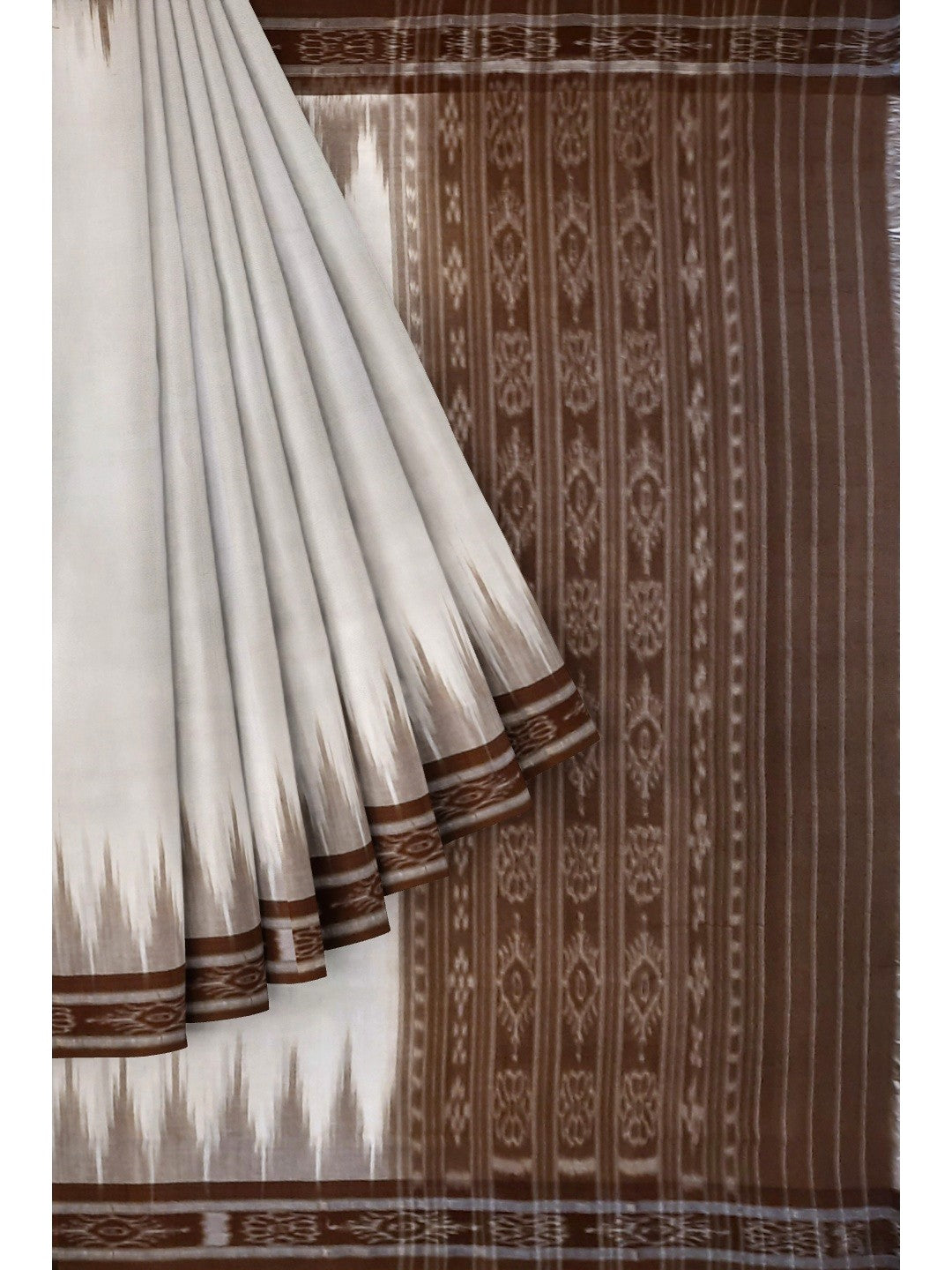 White and Brown Odisha Ikat saree with cotton ikat blouse piece