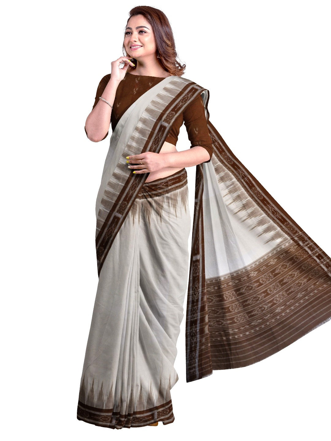 White and Brown Odisha Ikat saree with cotton ikat blouse piece
