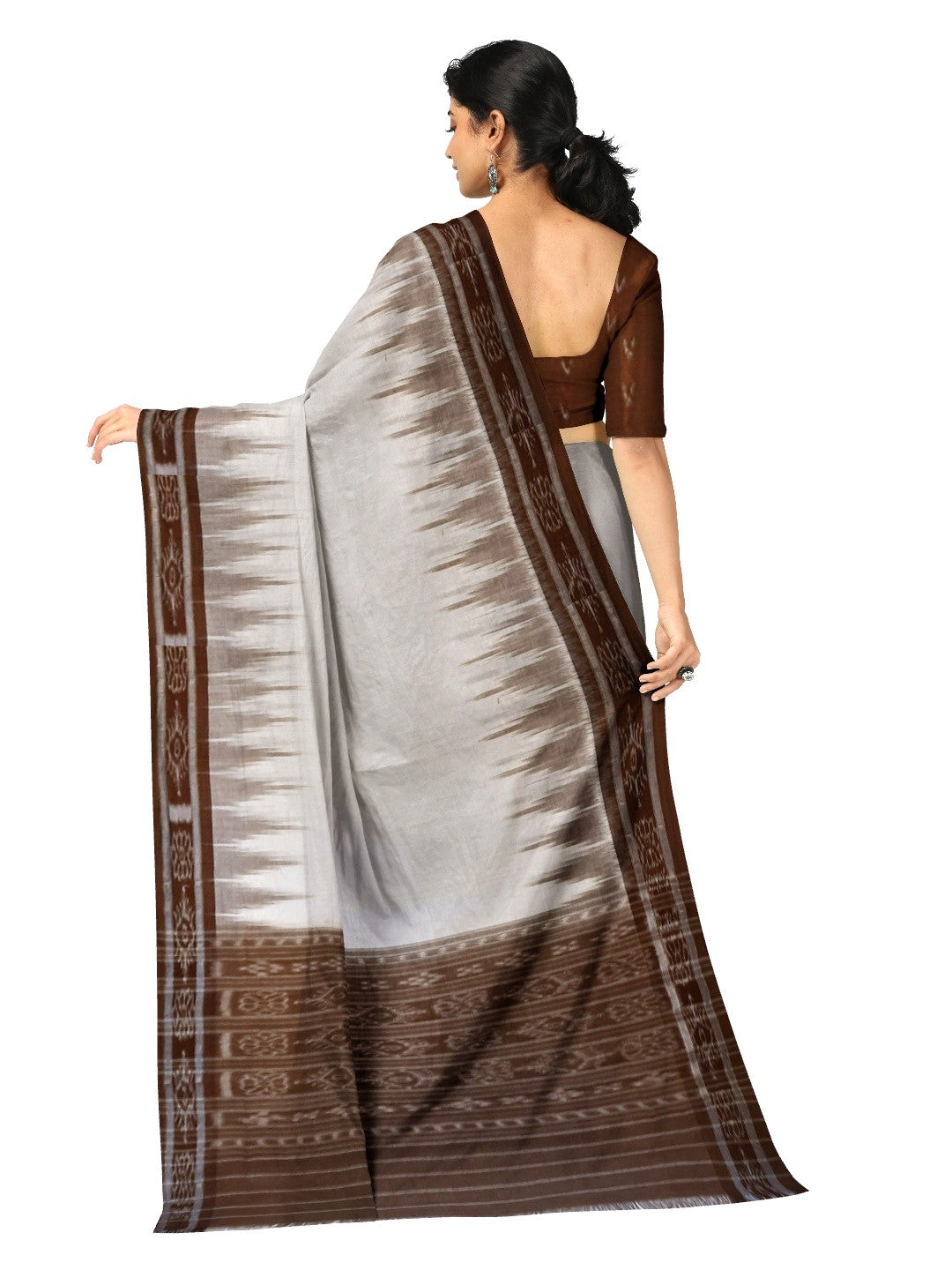 White and Brown Odisha Ikat saree with cotton ikat blouse piece