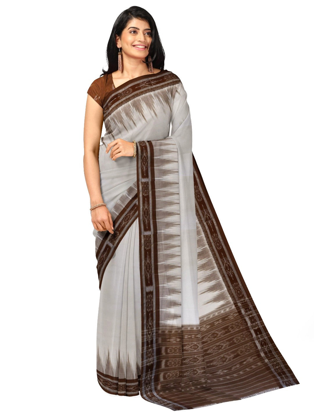White and Brown Odisha Ikat saree with cotton ikat blouse piece