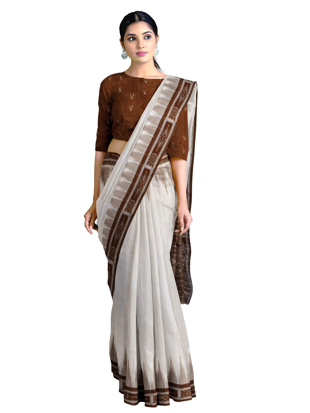 White and Brown coloured Odisha Ikat saree  with cotton ikat blouse piece
