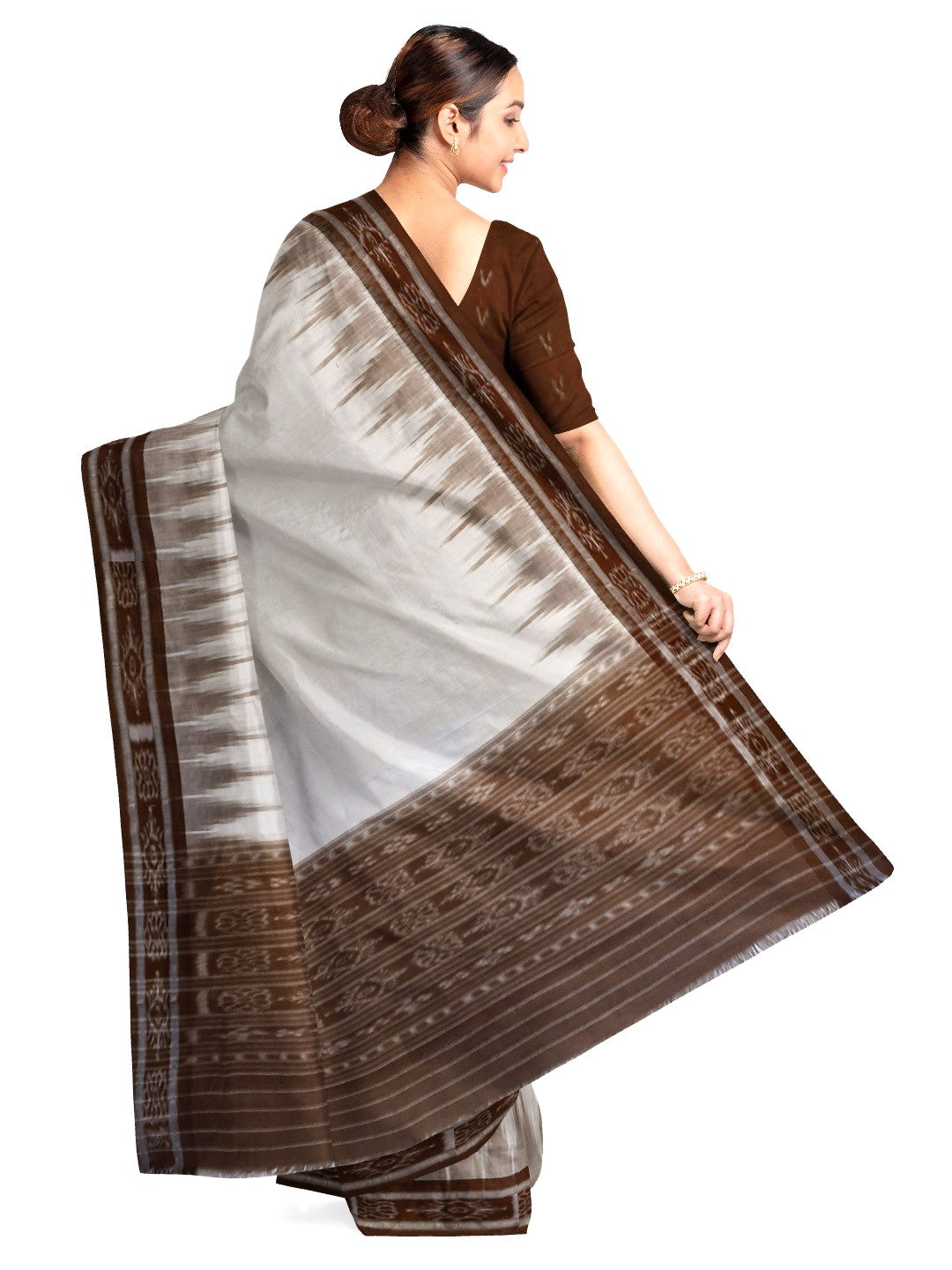 White and Brown Odisha Ikat saree with cotton ikat blouse piece