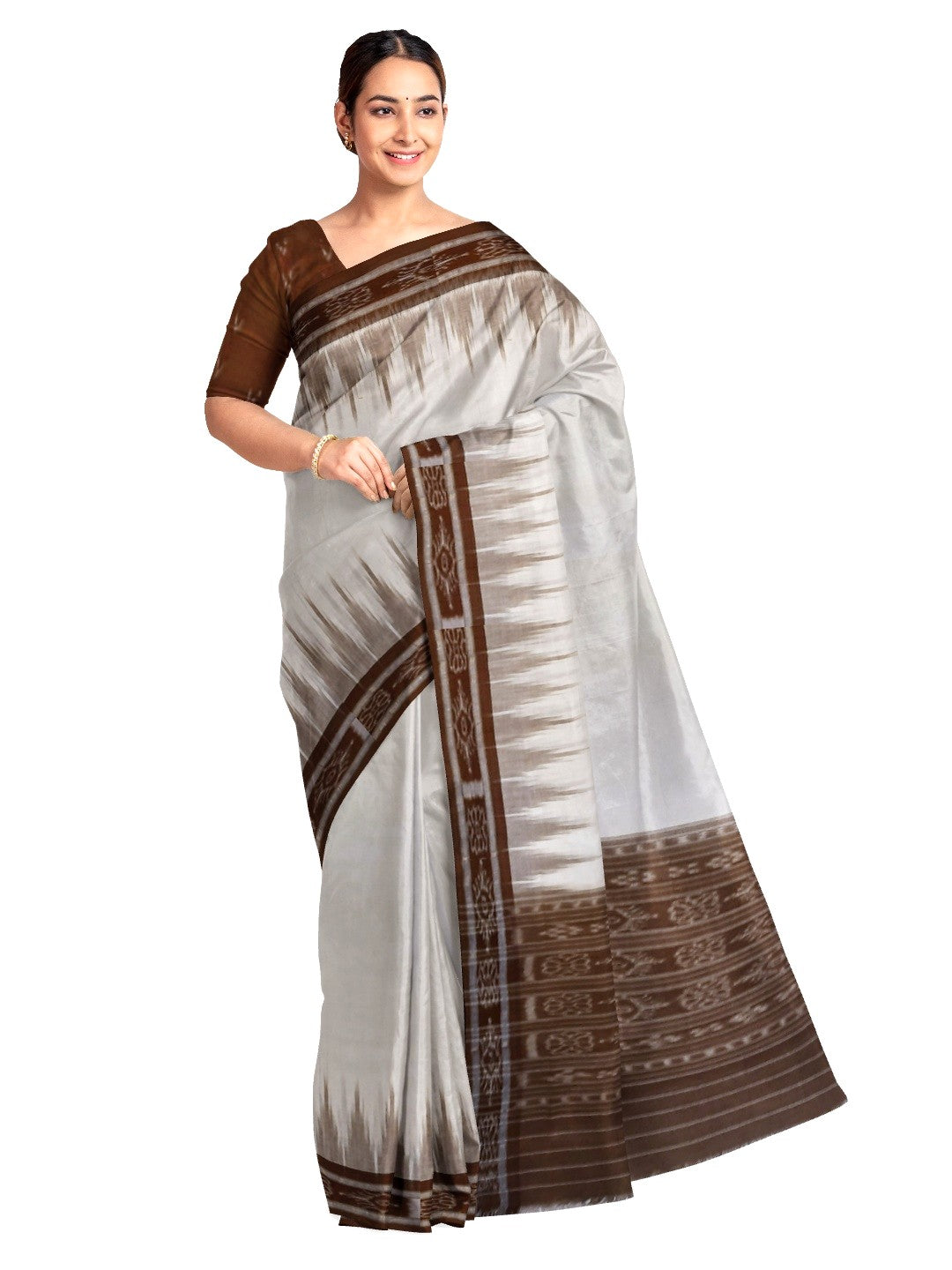 White and Brown Odisha Ikat saree with cotton ikat blouse piece