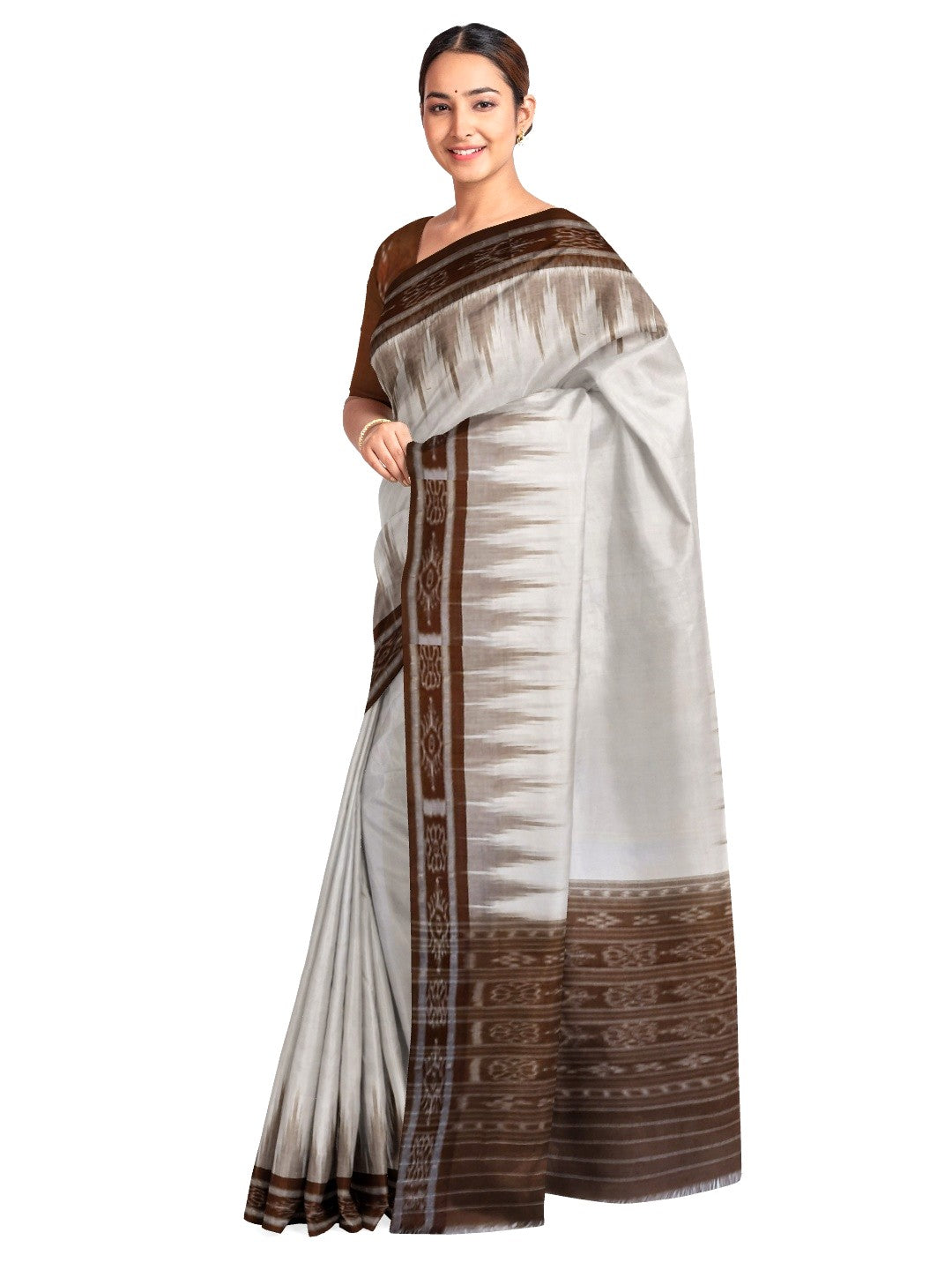 White and Brown Odisha Ikat saree with cotton ikat blouse piece