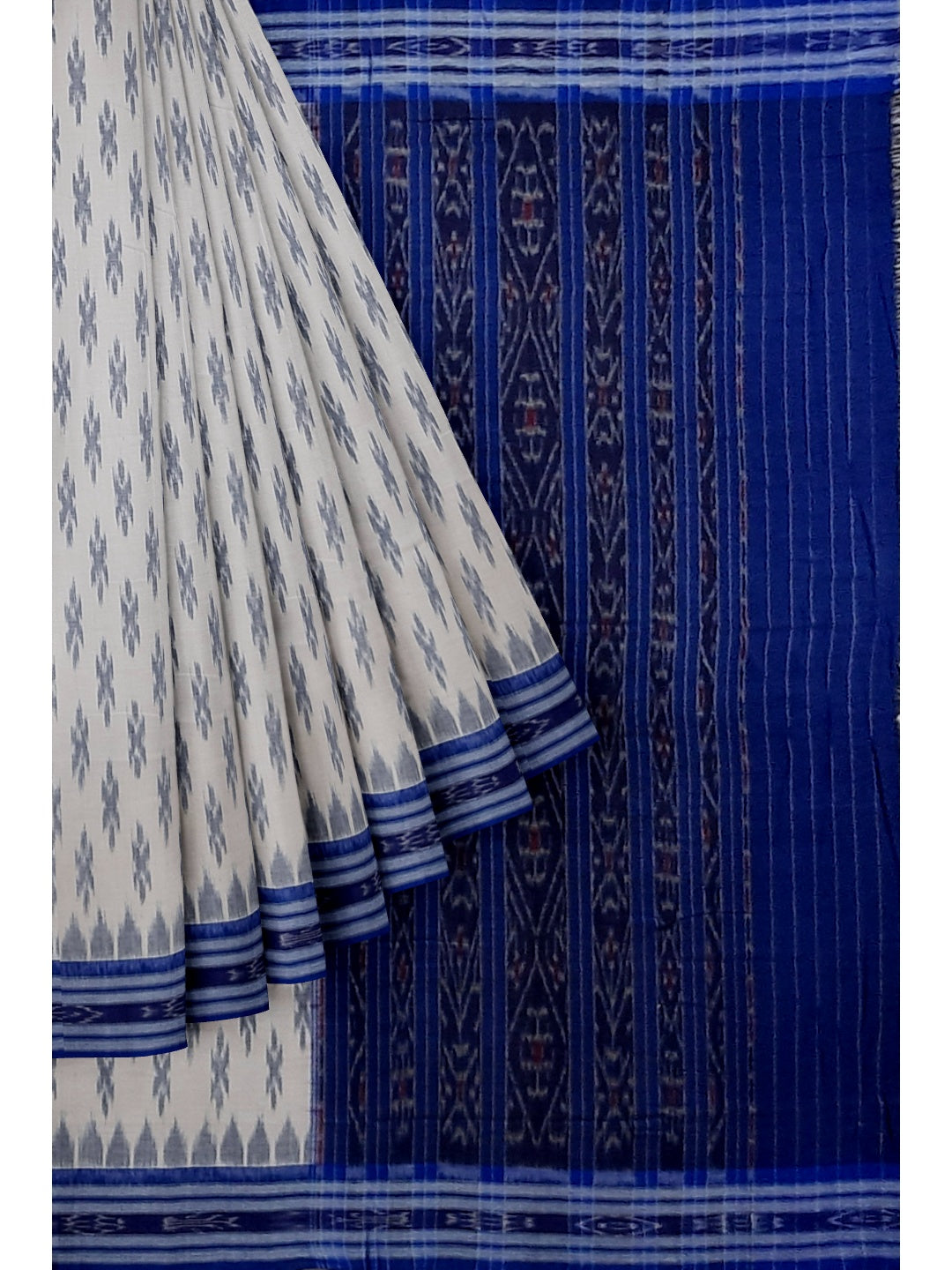 White with Blue Cotton Odisha Ikat saree with cotton ikat blouse piece