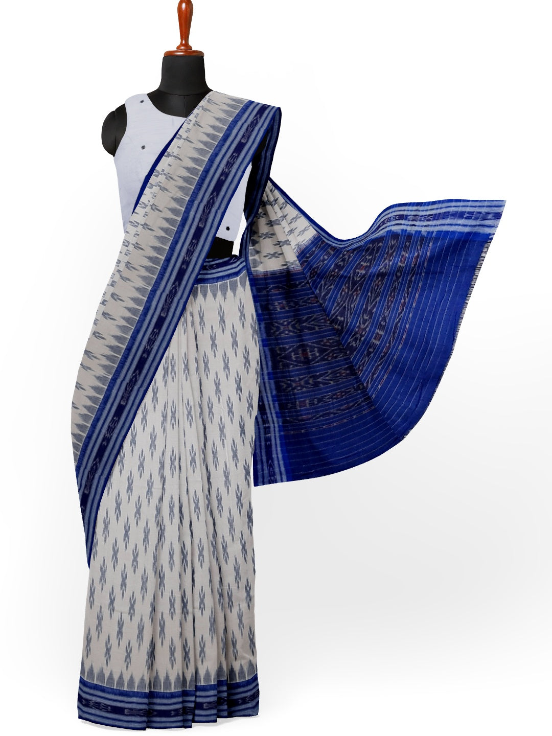 White with Blue Cotton Odisha Ikat saree with cotton ikat blouse piece